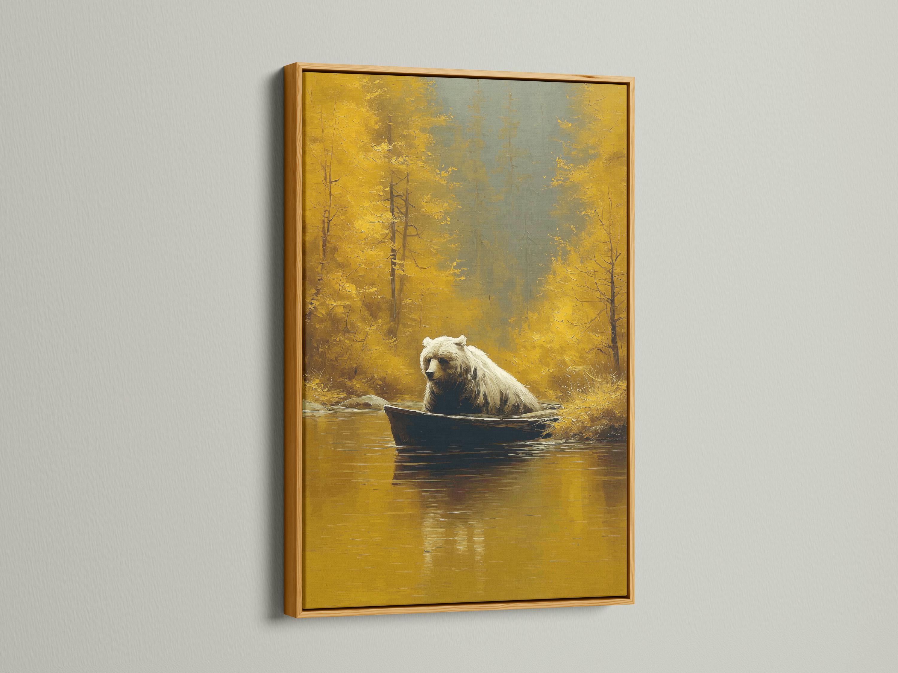 Wall mockup showing a framed bear-in-boat artwork against a light background