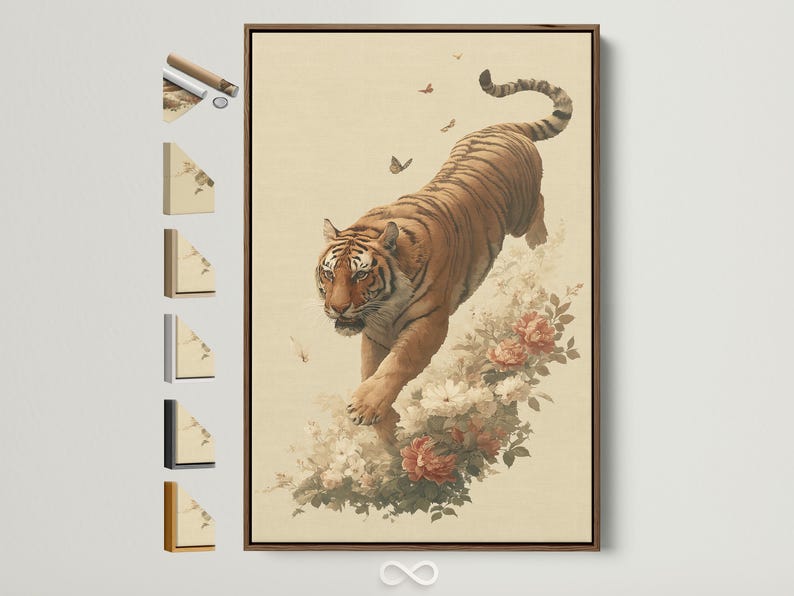 Stylised tiger walking through flowers and leaves with butterflies on a warm beige background