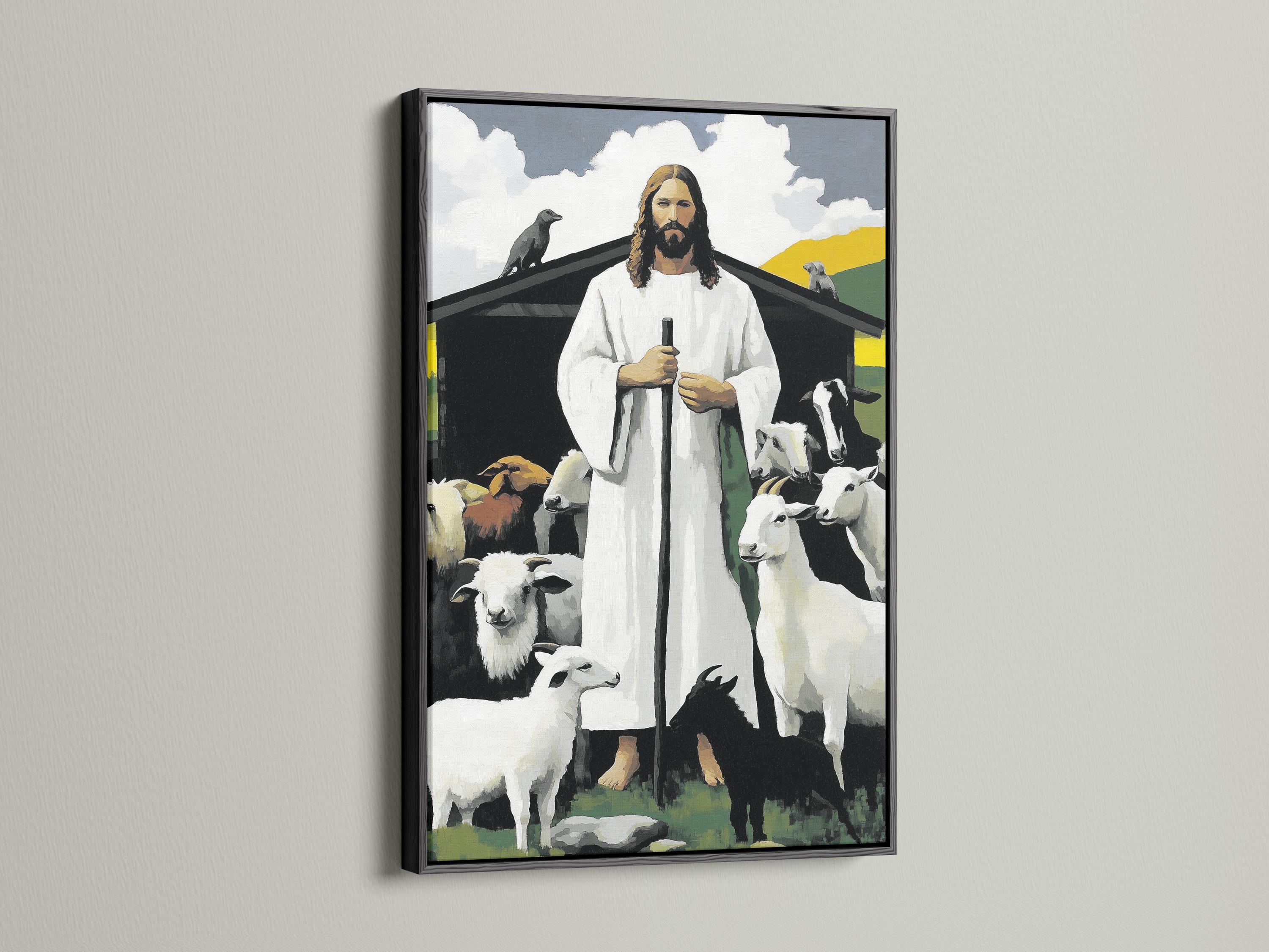 Painterly religious scene with haloed shepherd figure in white robes holding a staff and surrounded by sheep detail view