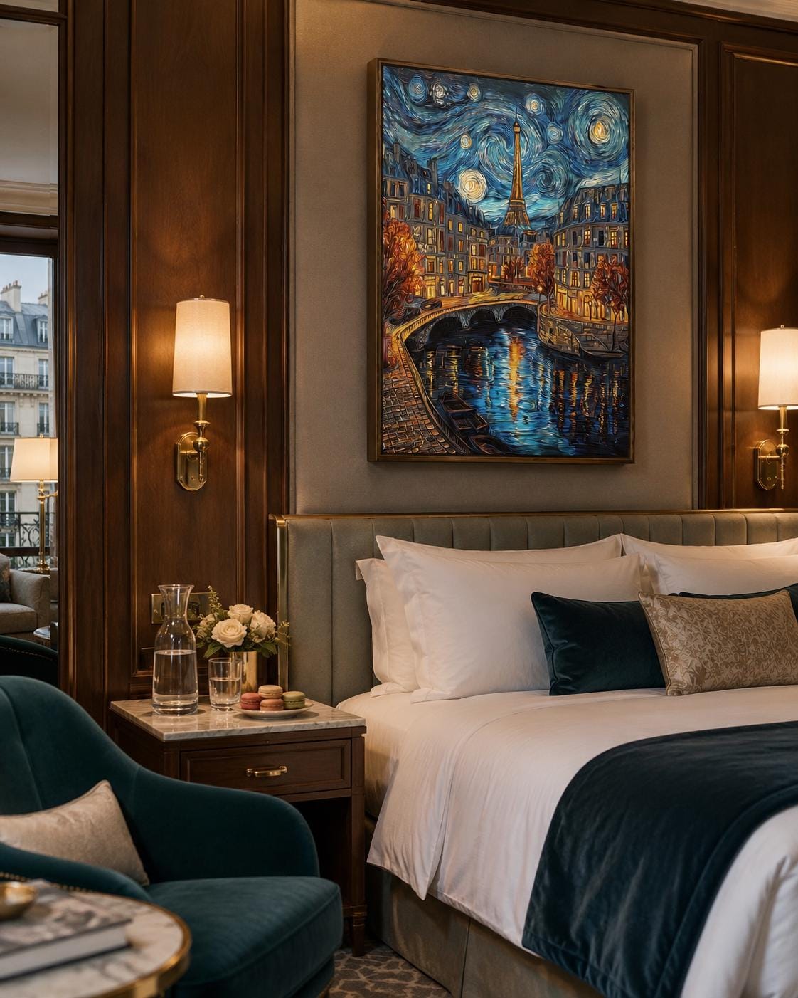 Woman hanging a framed night cityscape painting featuring the Eiffel Tower on a brick wall