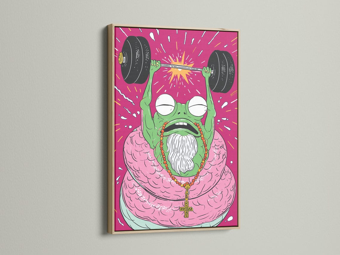 Cartoon frog weightlifter lifting dumbbells in a hot pink burst background detail view