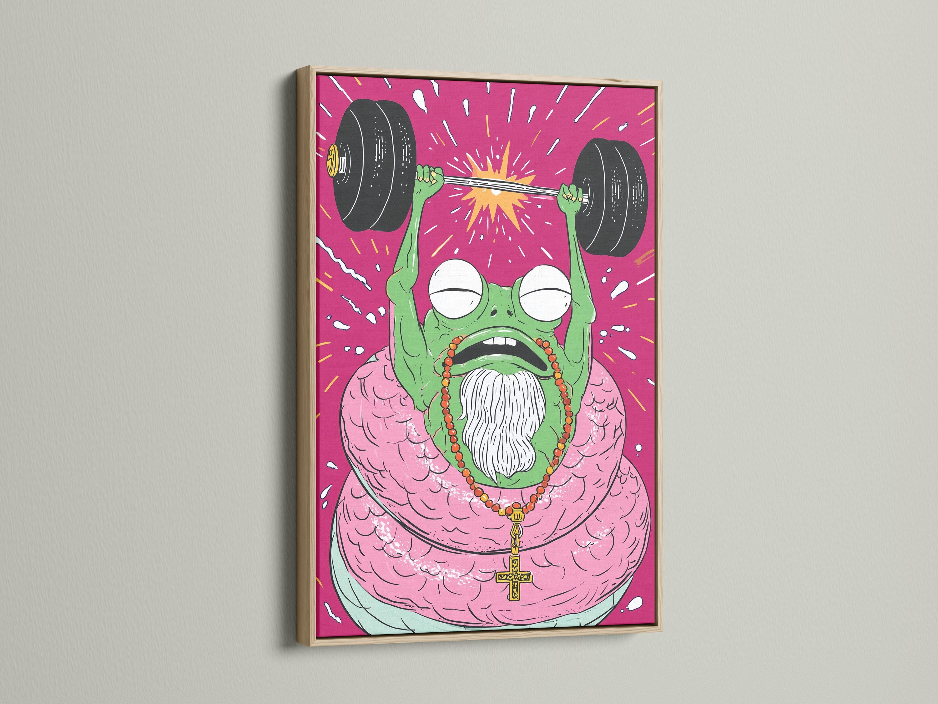 Cartoon frog weightlifter lifting dumbbells in a hot pink burst background detail view