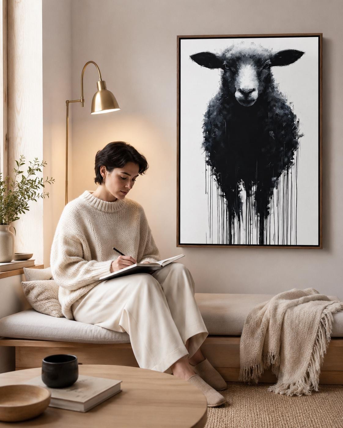 Sheep portrait artwork displayed in a bright industrial-style room