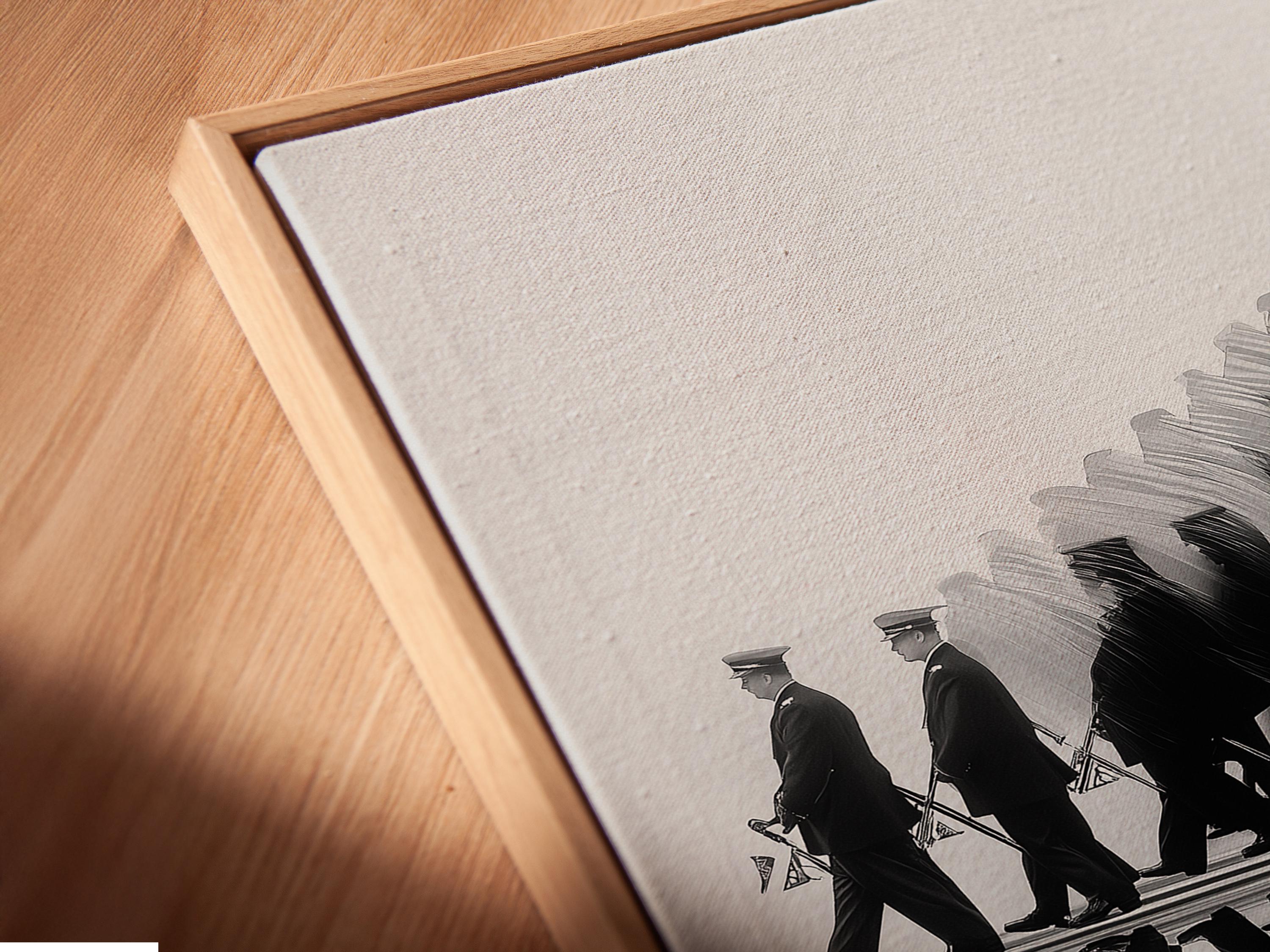 Black and white image of a marching band with mirrored reflection on a pale surface detail view