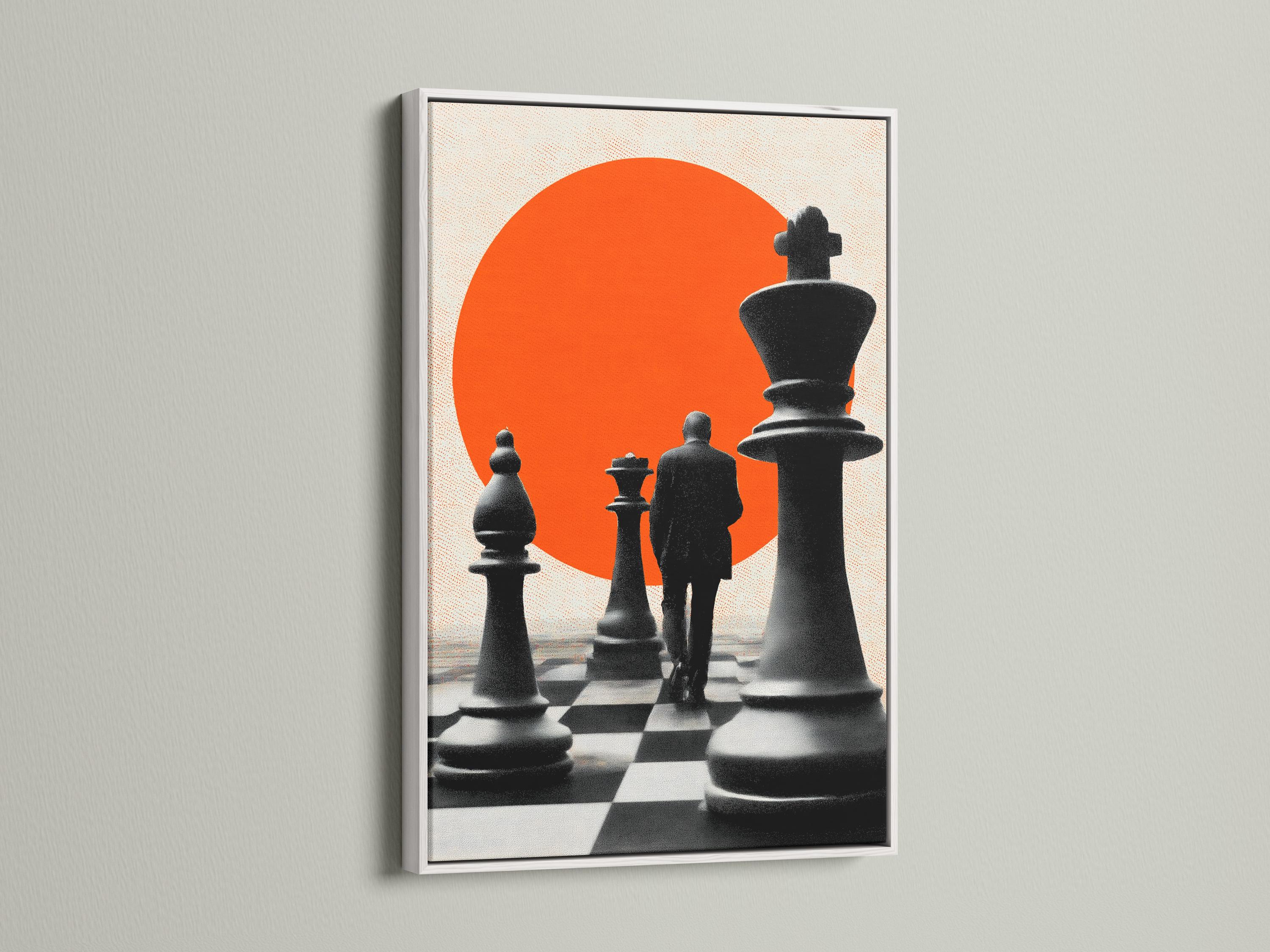 Chess canvas wall art in a frame, showing black pieces on a checkered floor with an orange circle backdrop