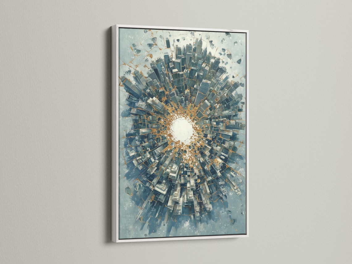 Abstract city tunnel artwork with radiating blue-grey buildings and warm gold accents detail view