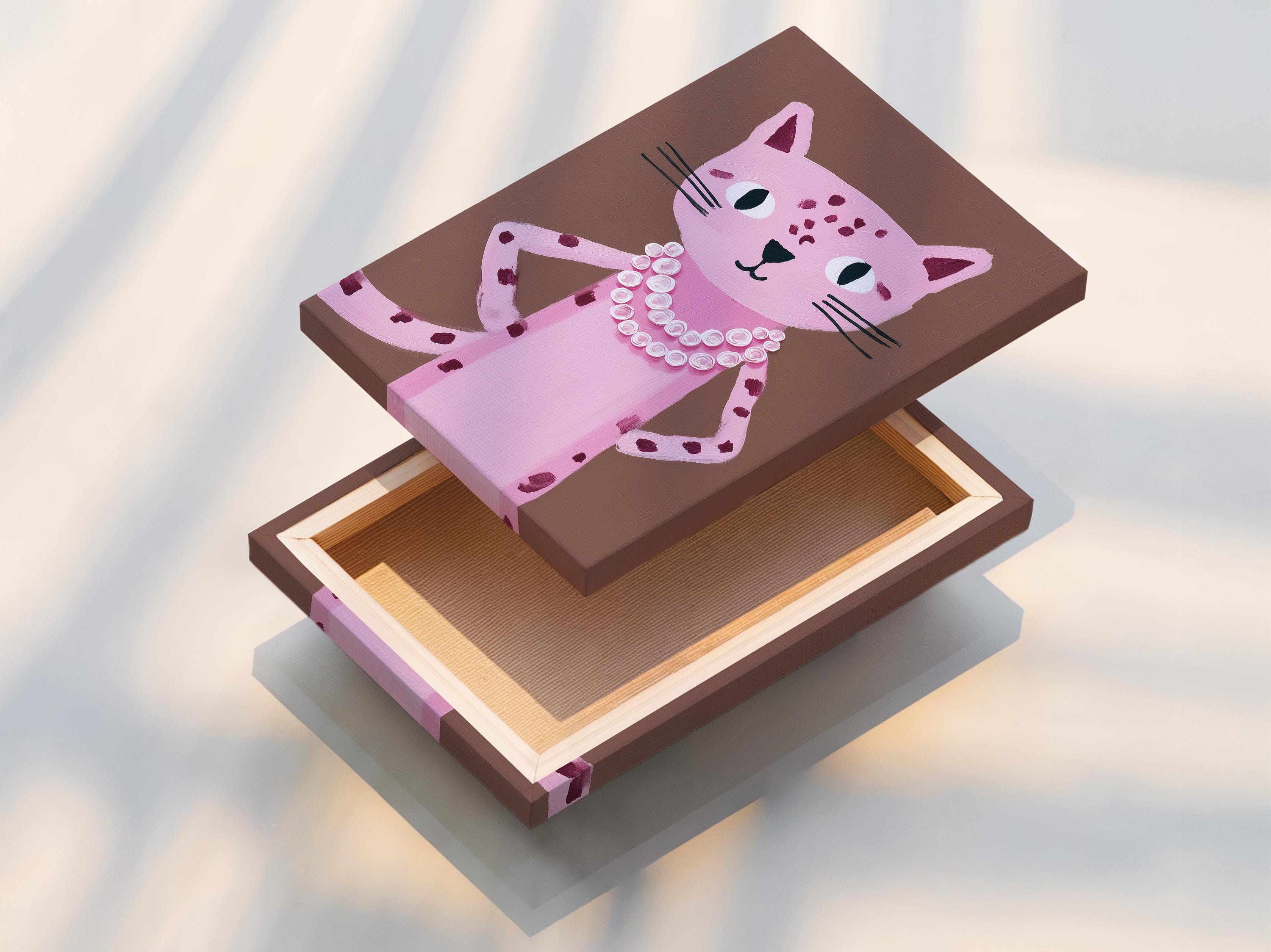 Portrait of a pink cat with large eyes and a white and pink rosette collar on a taupe background detail view