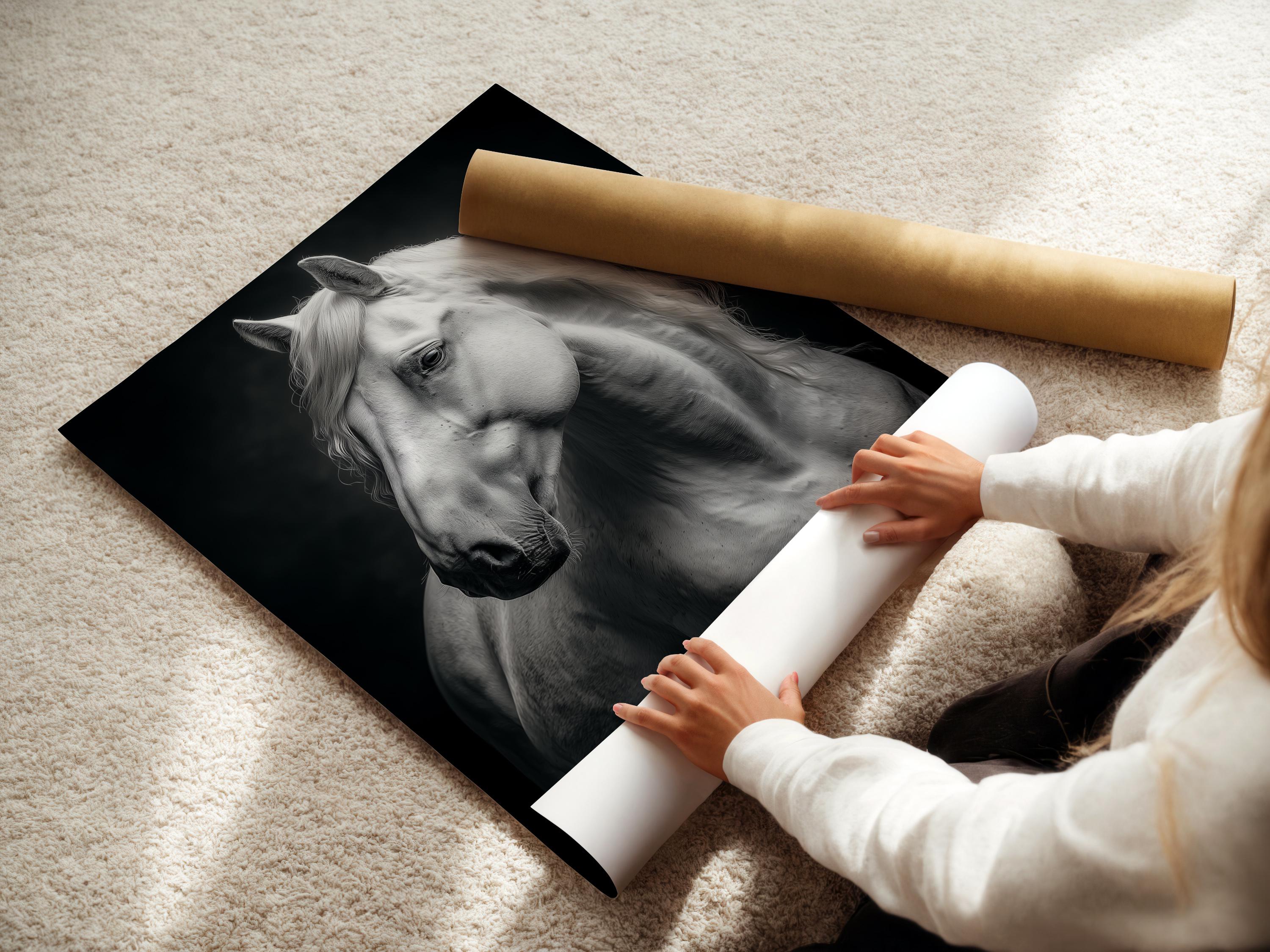 Room mockup showing a framed black and white horse portrait artwork