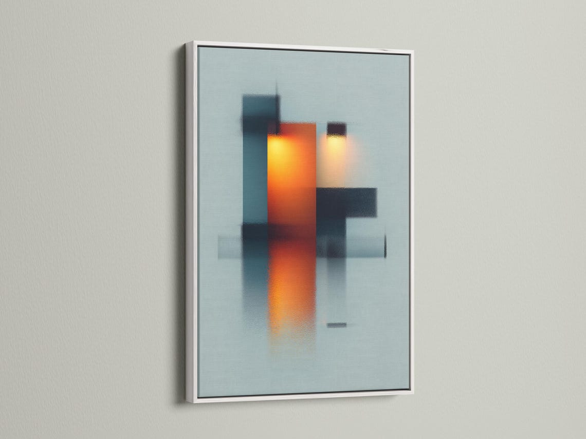 Room mockup showing a framed abstract geometric artwork with teal, deep blue and orange blocks