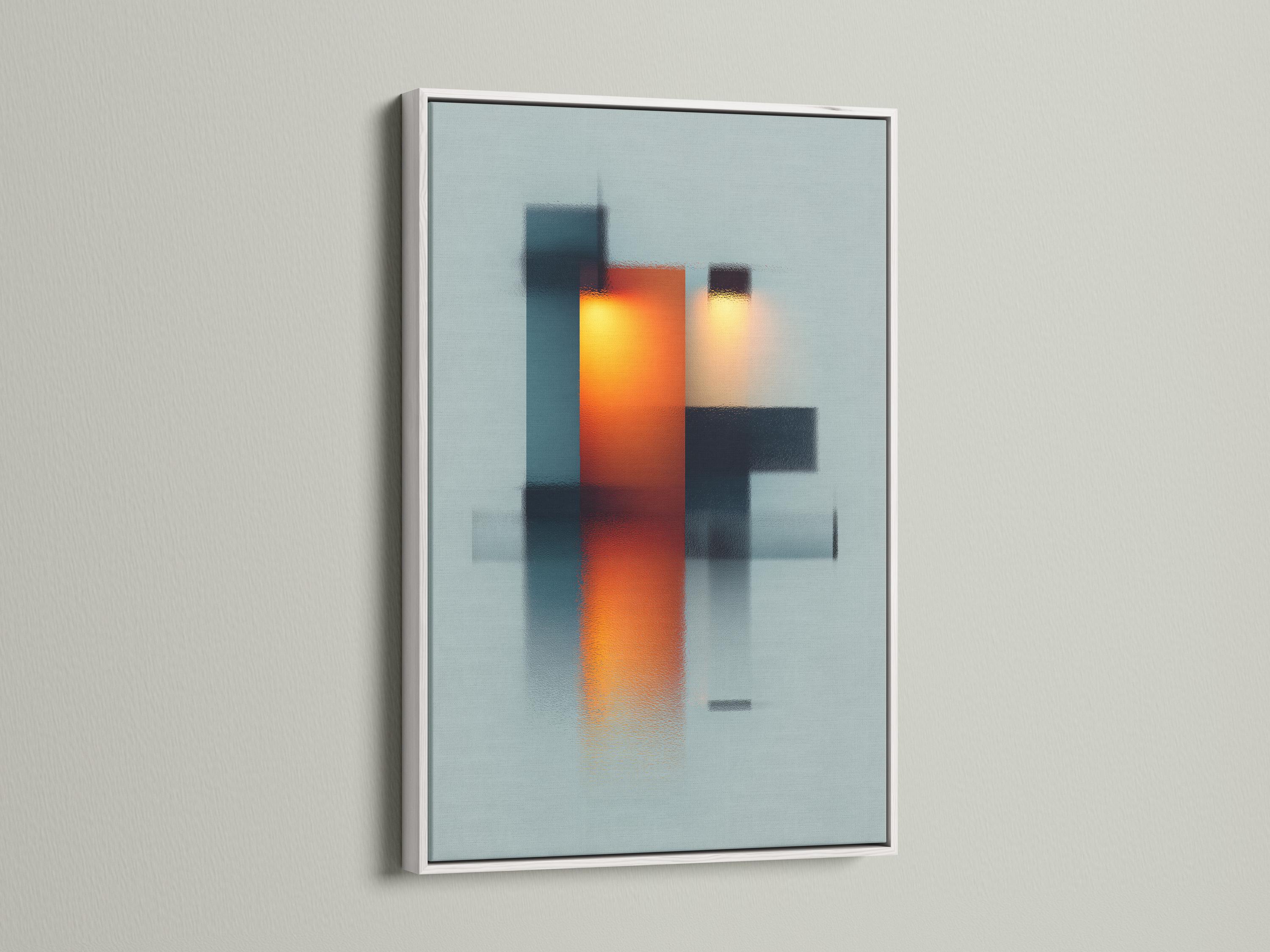 Room mockup showing a framed abstract geometric artwork with teal, deep blue and orange blocks