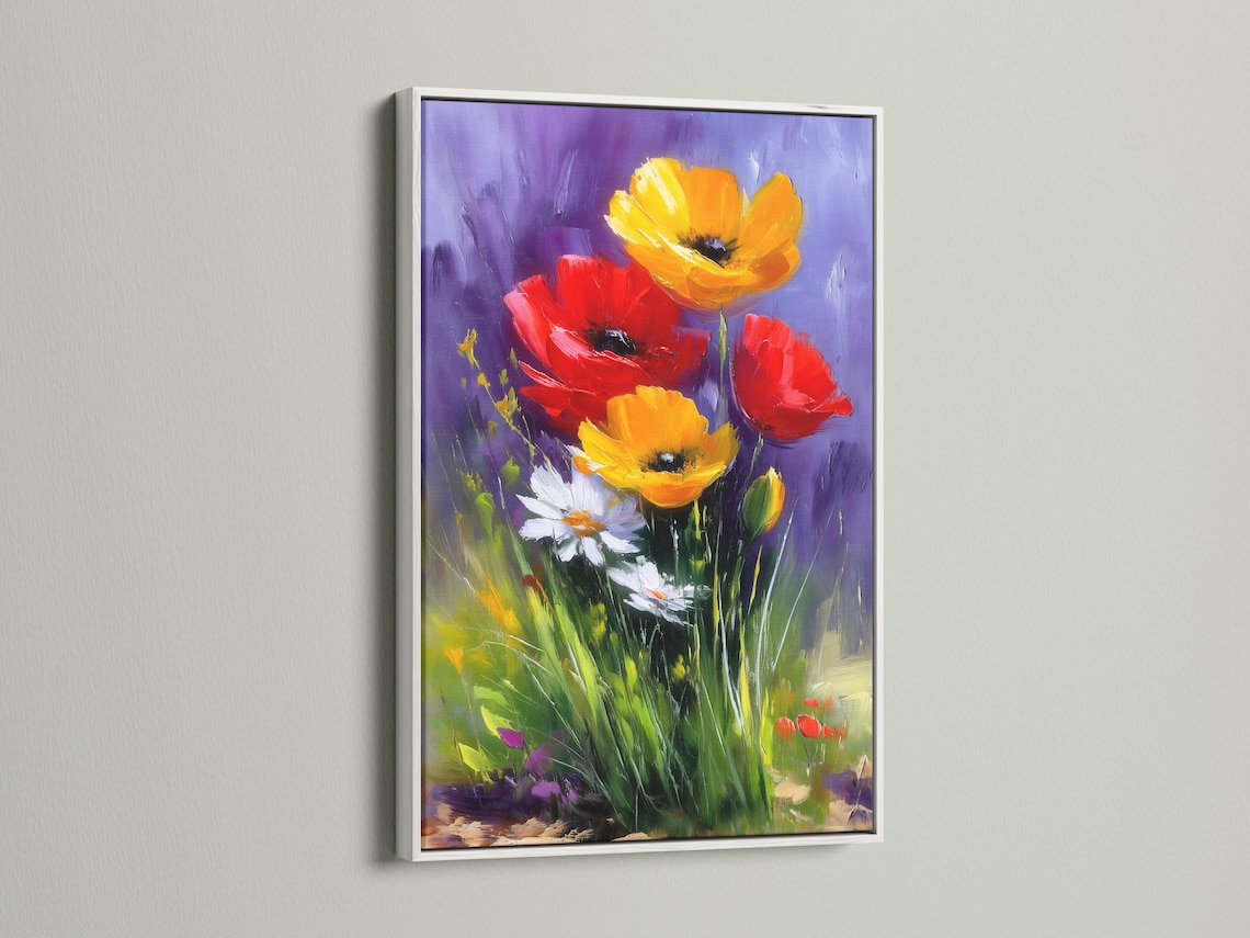 A painterly floral scene shows bold red and yellow poppy-like flowers rising from green stems against a purple background detail view
