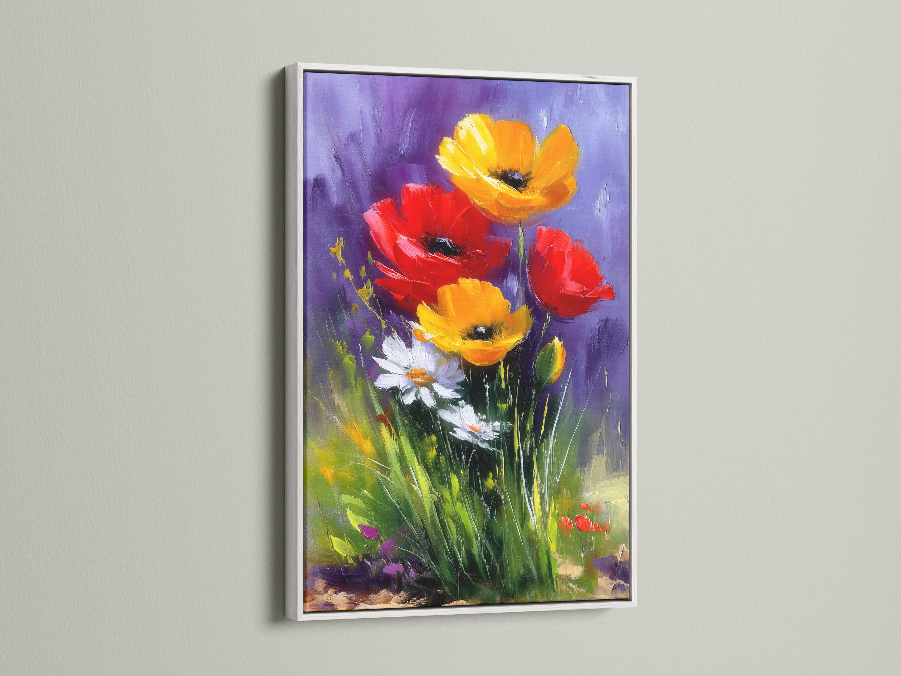 A painterly floral scene shows bold red and yellow poppy-like flowers rising from green stems against a purple background detail view