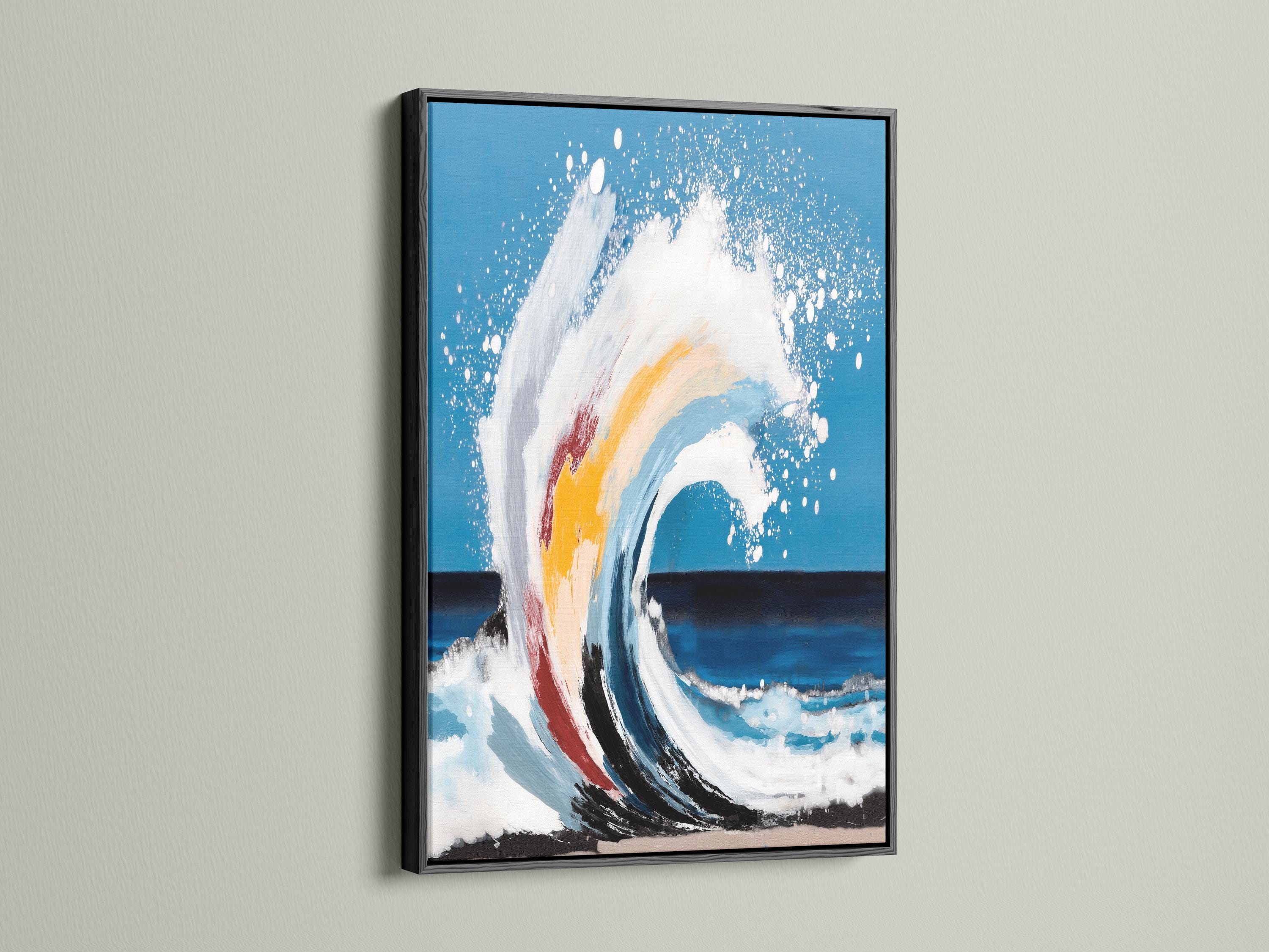 Abstract ocean wave painting with foamy white crest on teal blue background detail view