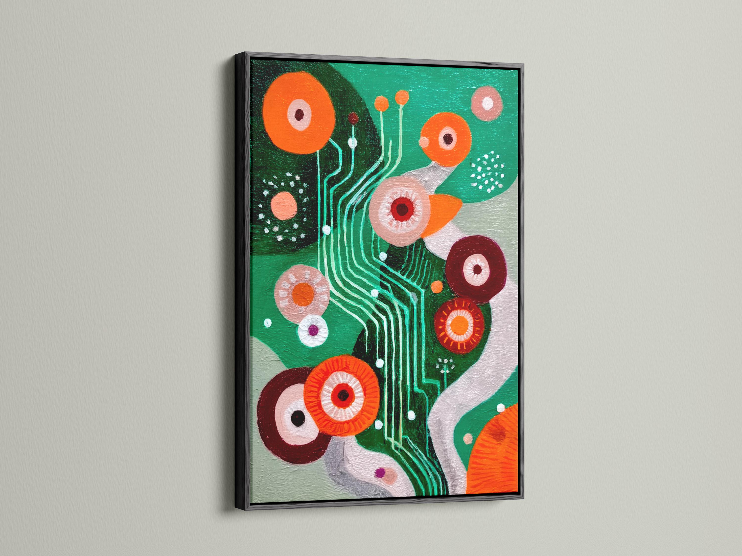 Green abstract artwork with orange and maroon circles, teal curved lines and dotted accents detail view
