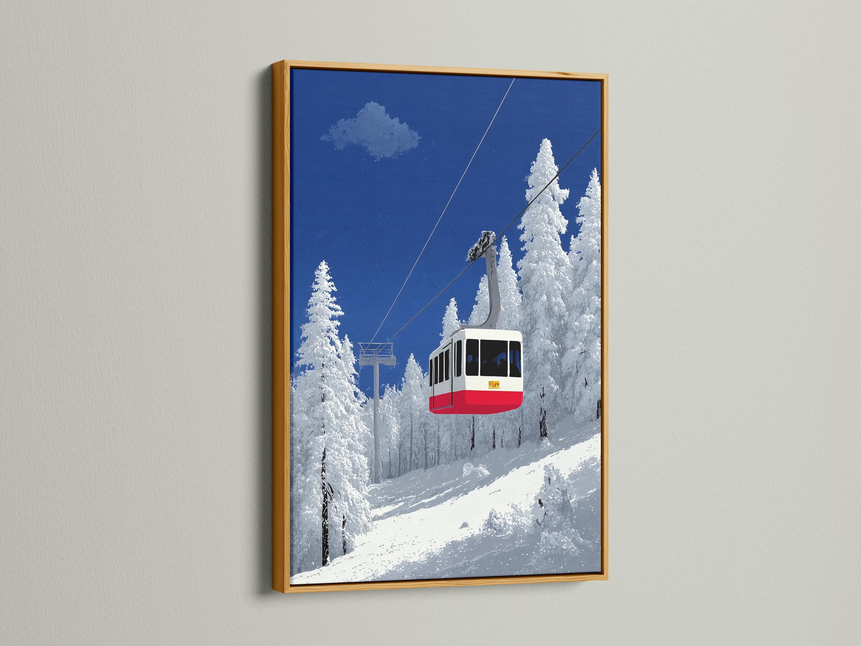 Snowy mountain cable car scene with diagonal cables, deep blue sky, pine trees and a red gondola detail view