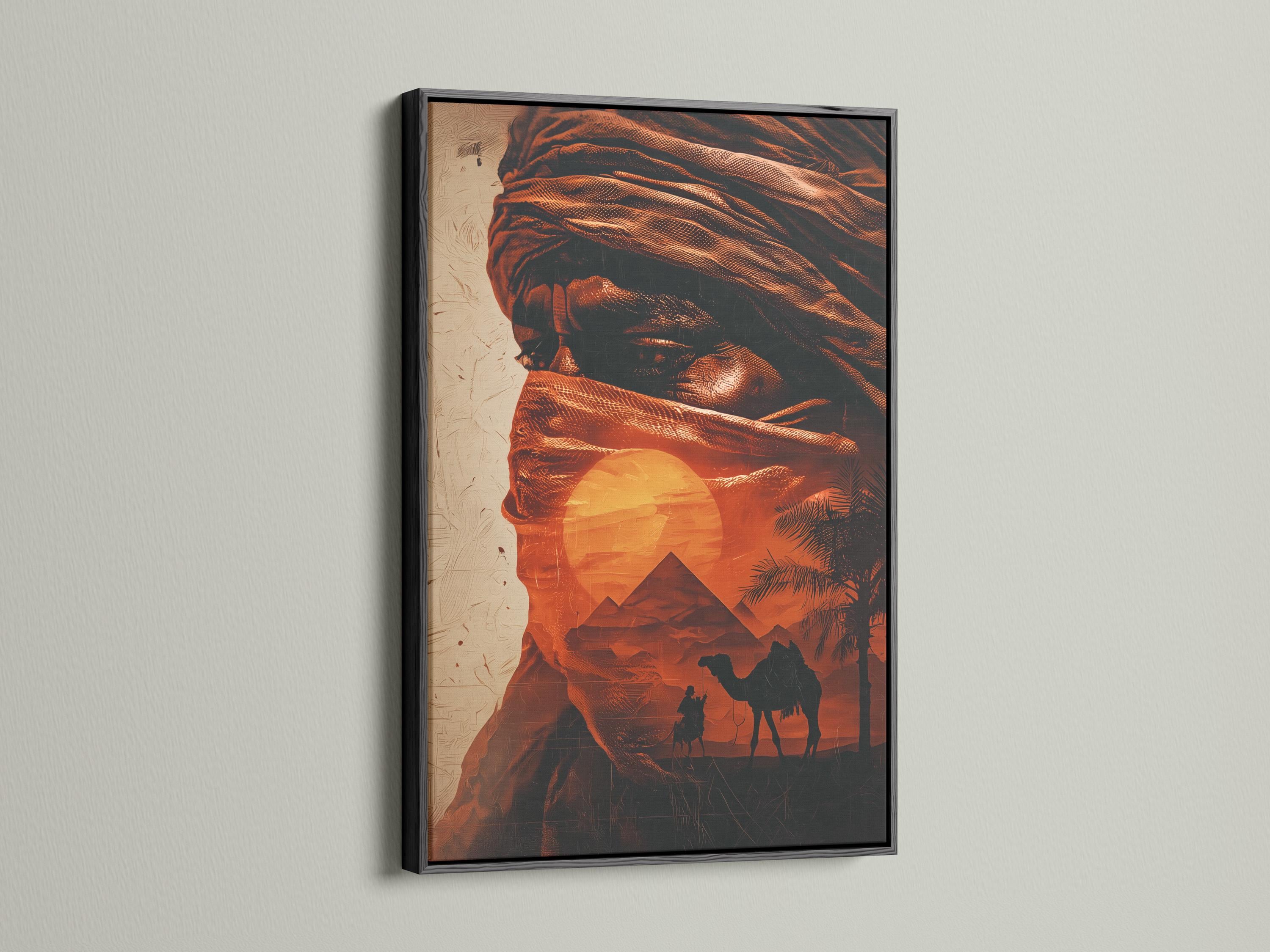 Desert camel caravan scene with a nomad figure, pyramids and palm fronds at sunset detail view