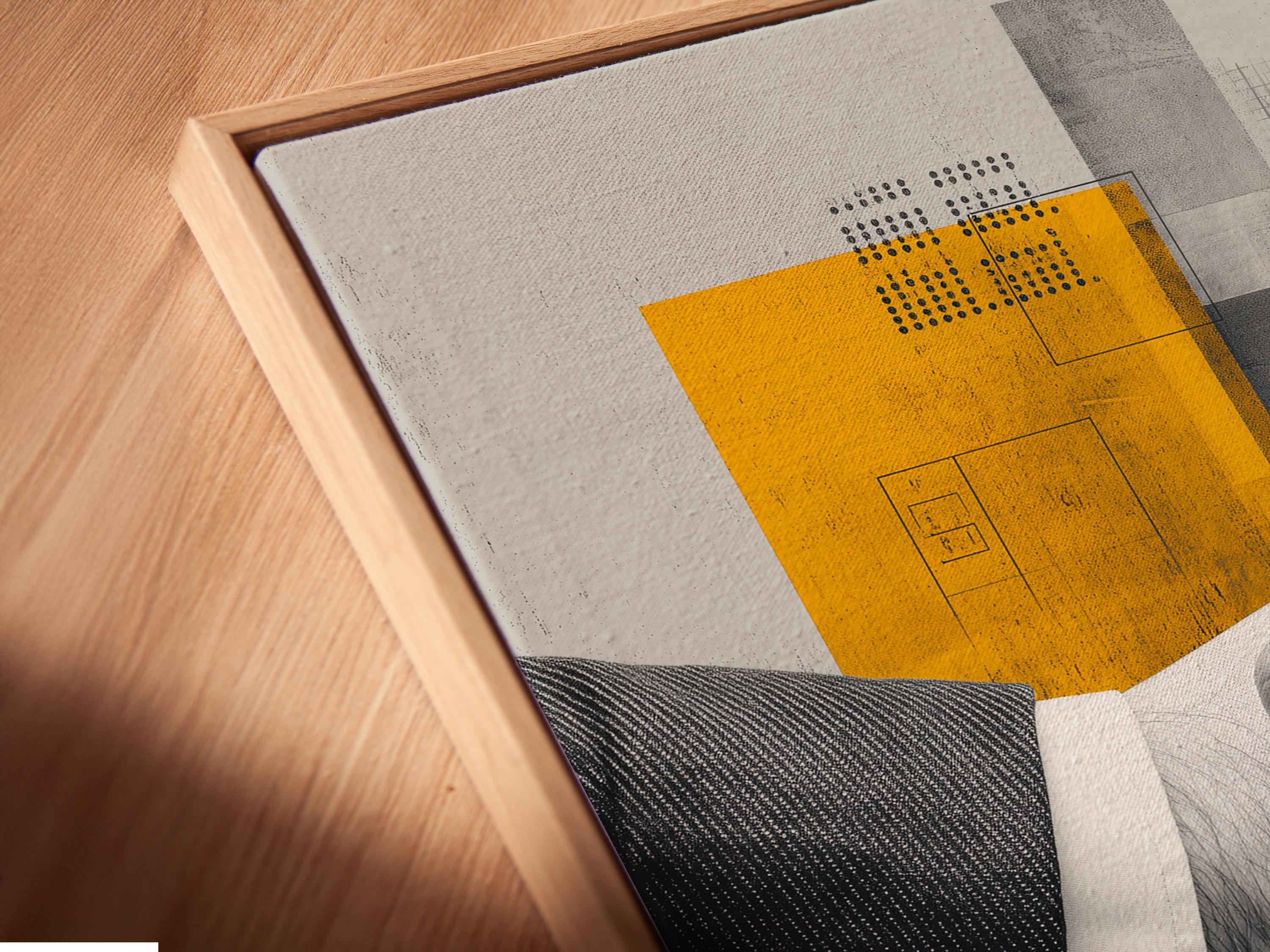 Black-and-white handshake centred in a geometric grey and yellow abstract design detail view