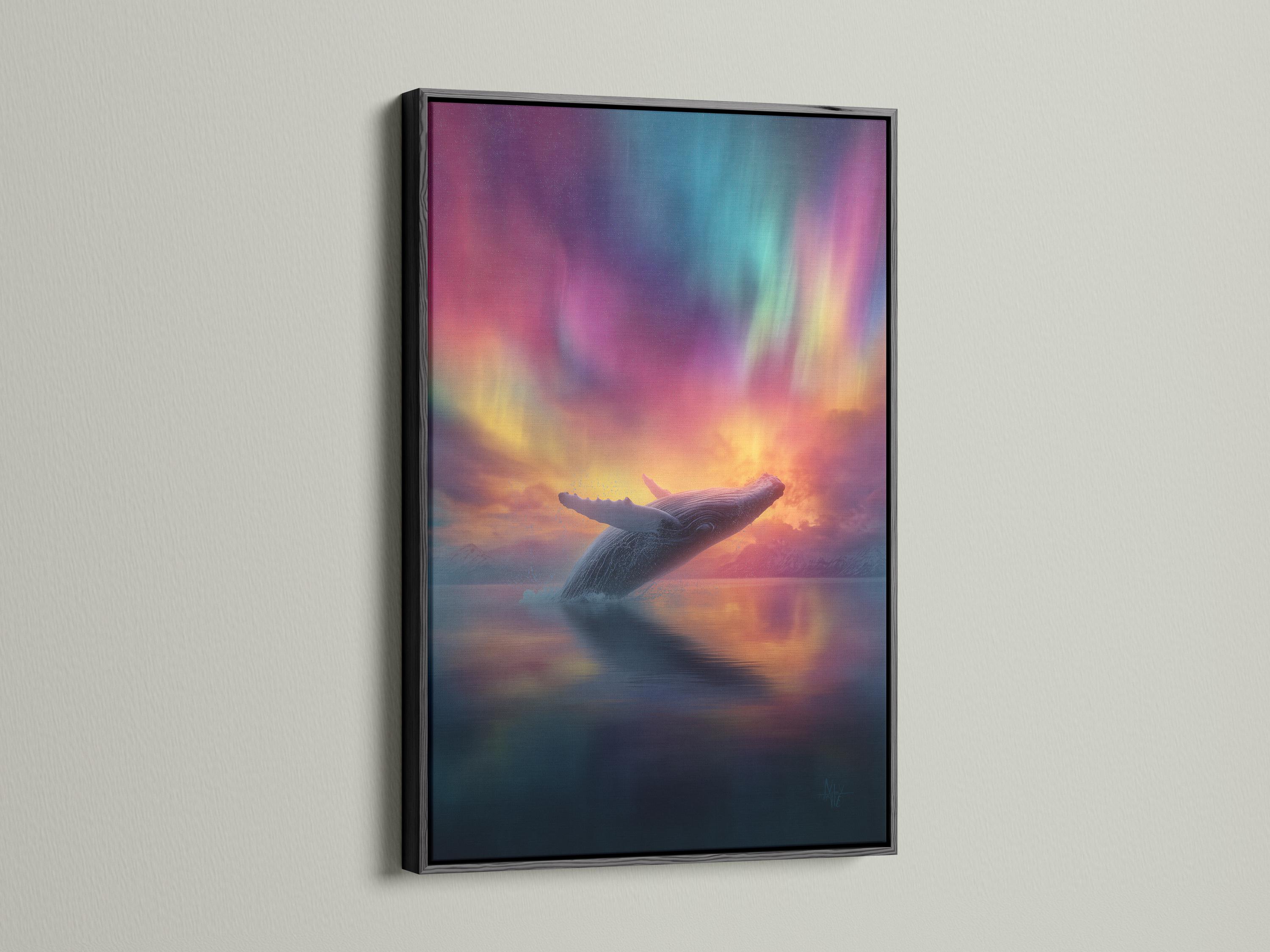 A leaping whale over reflective dark water beneath a pastel aurora sky detail view