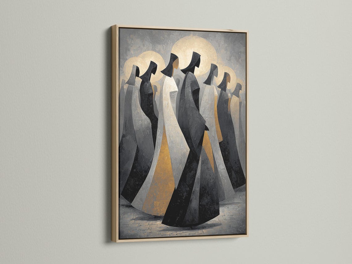 Framed artwork displayed on a neutral background with hooded figures and gold moon discs
