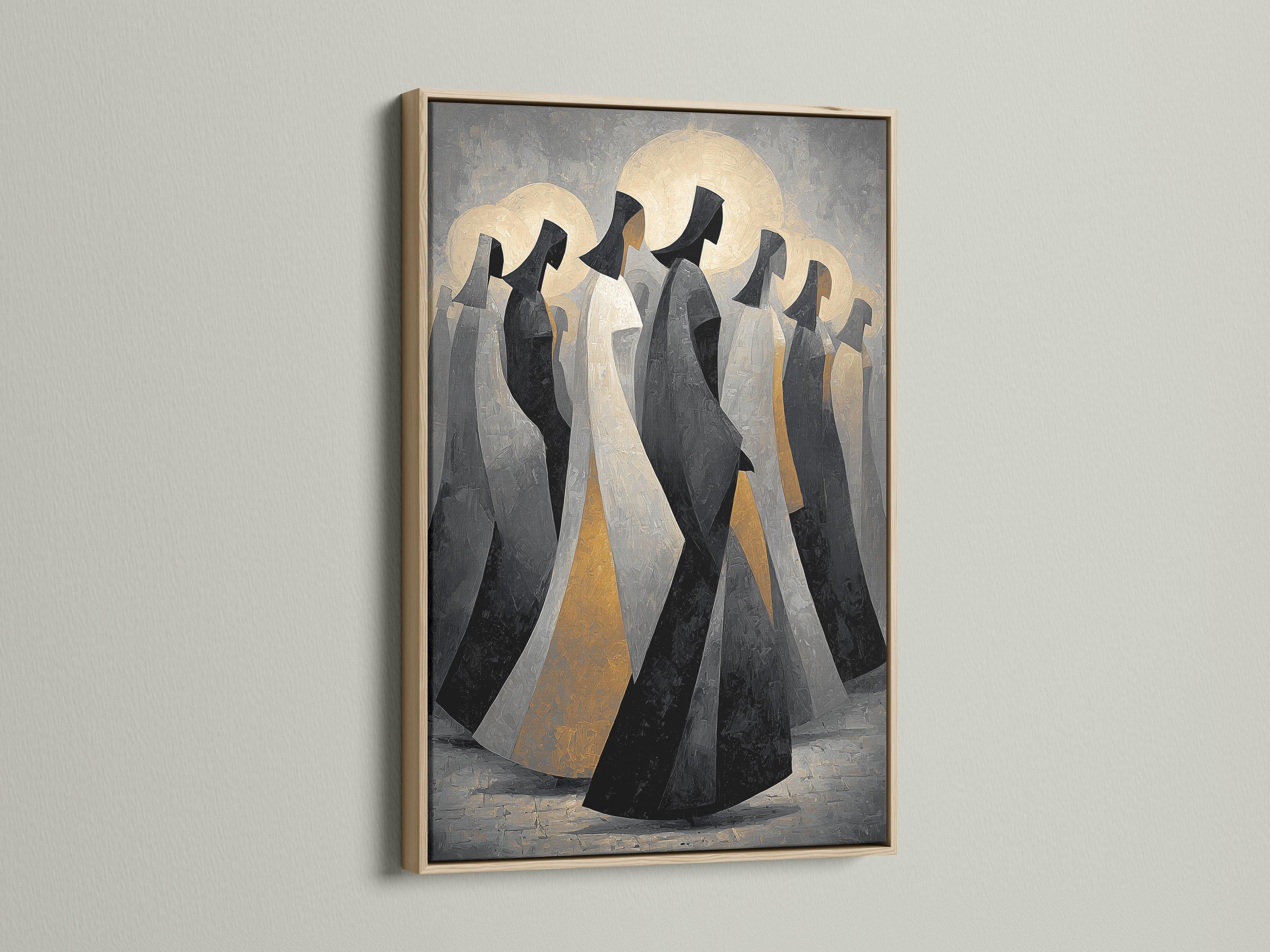 Framed artwork displayed on a neutral background with hooded figures and gold moon discs