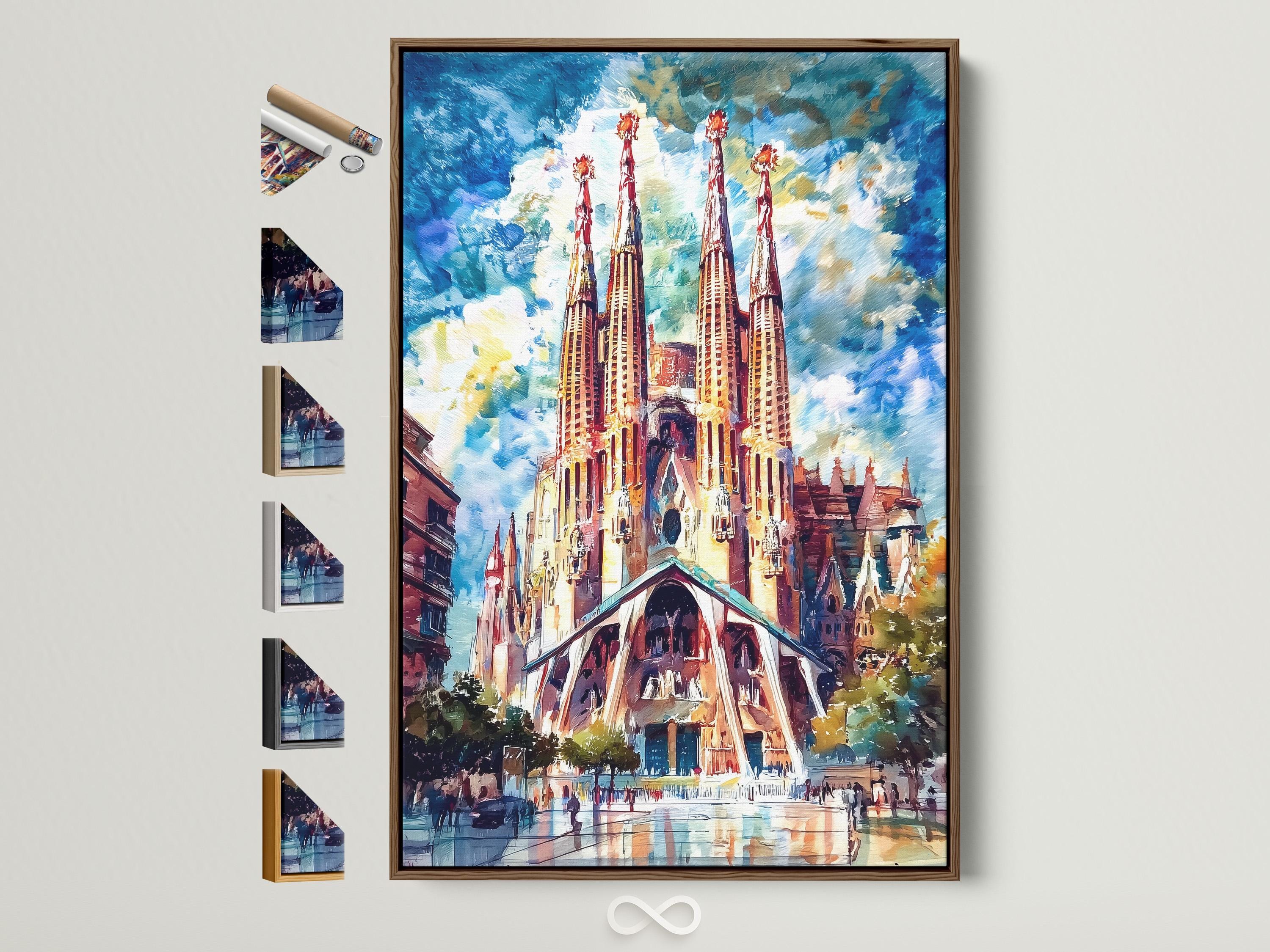 Room mockup showing a framed cathedral spires artwork on a blue wall above a desk