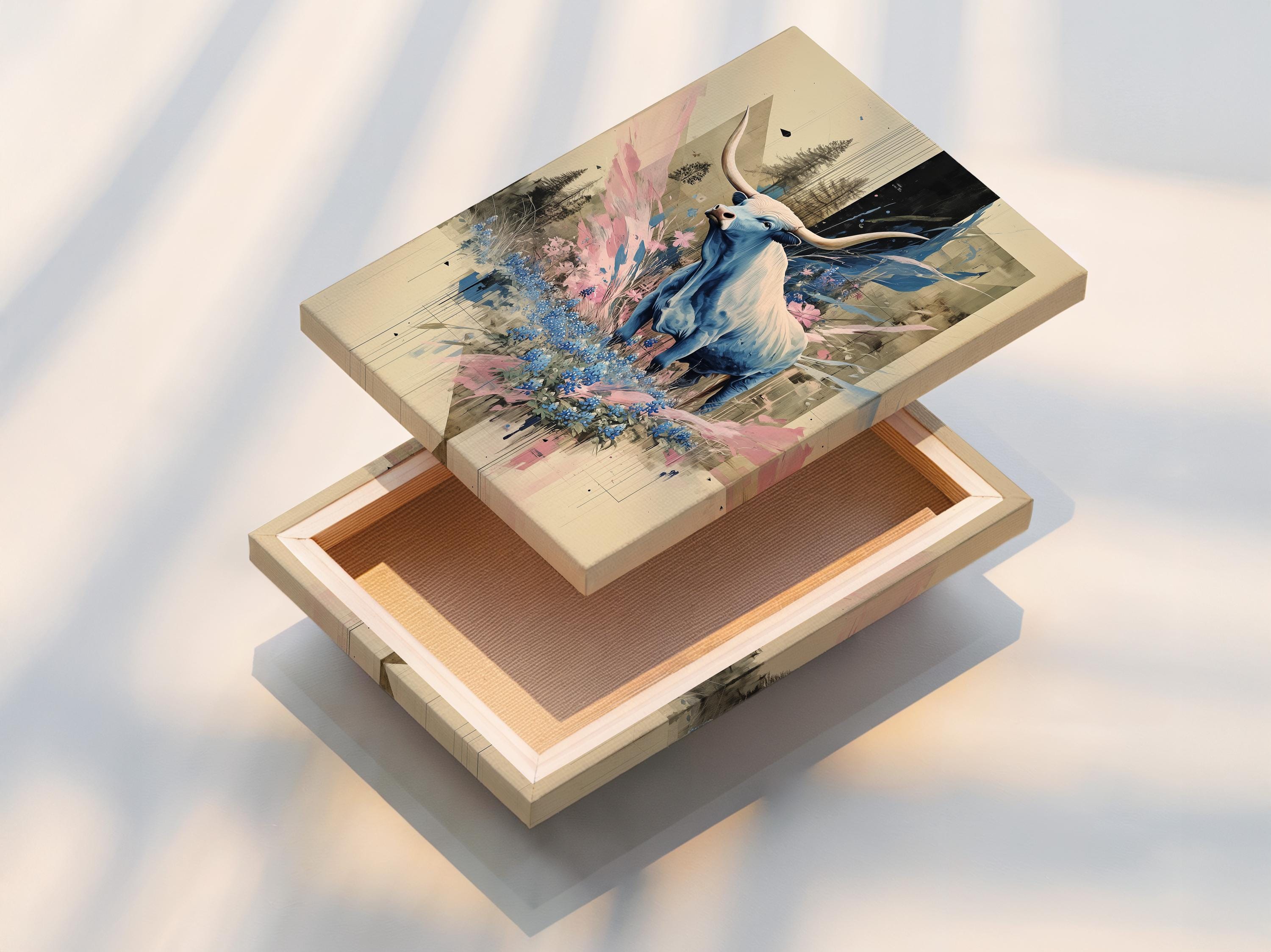 Stylised blue longhorn with horns and pink and blue flowers in a collage-like scene detail view