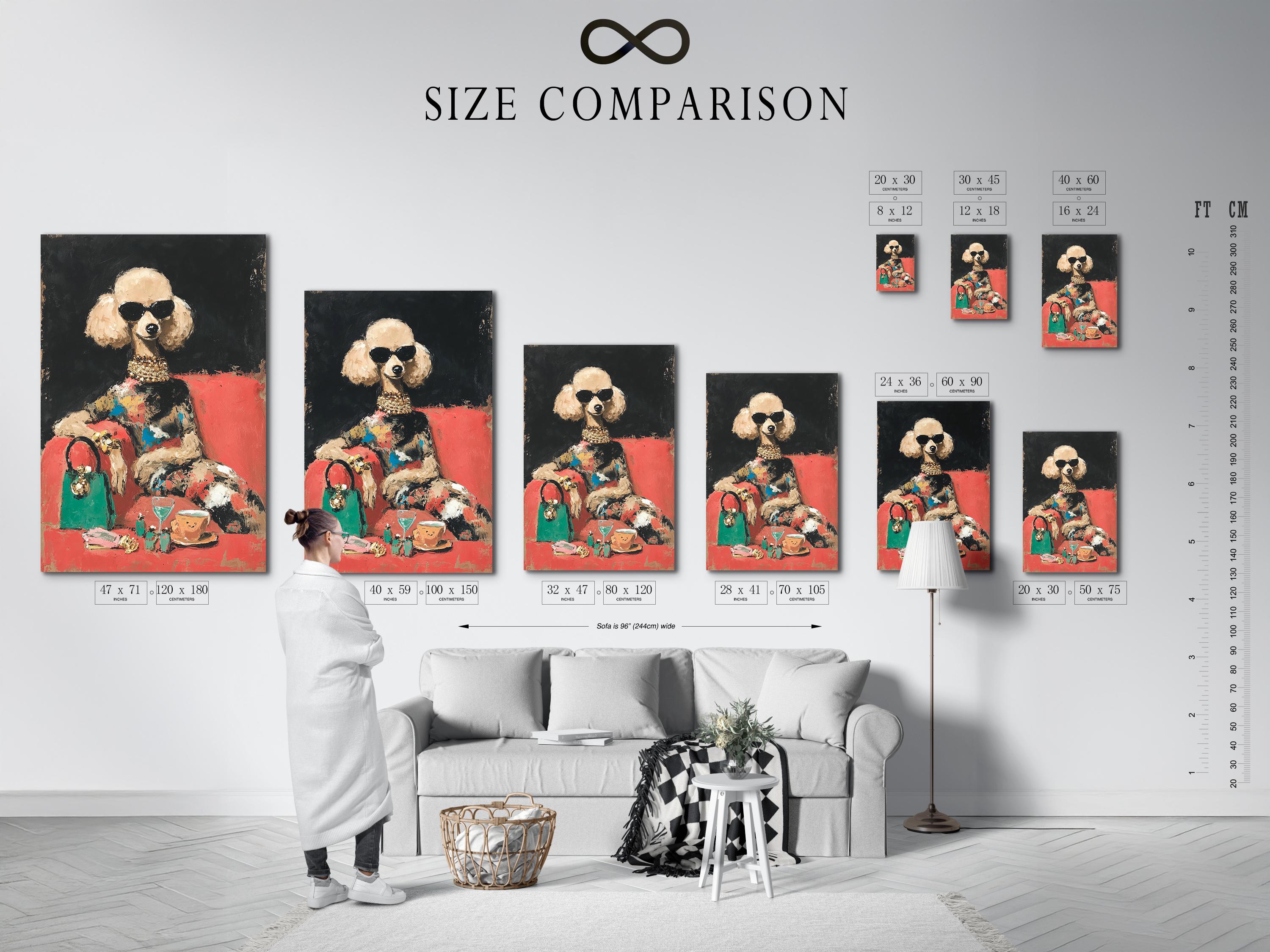 Stylised dog portrait with dark sunglasses, gold collar accents and coral and teal colour blocks detail view