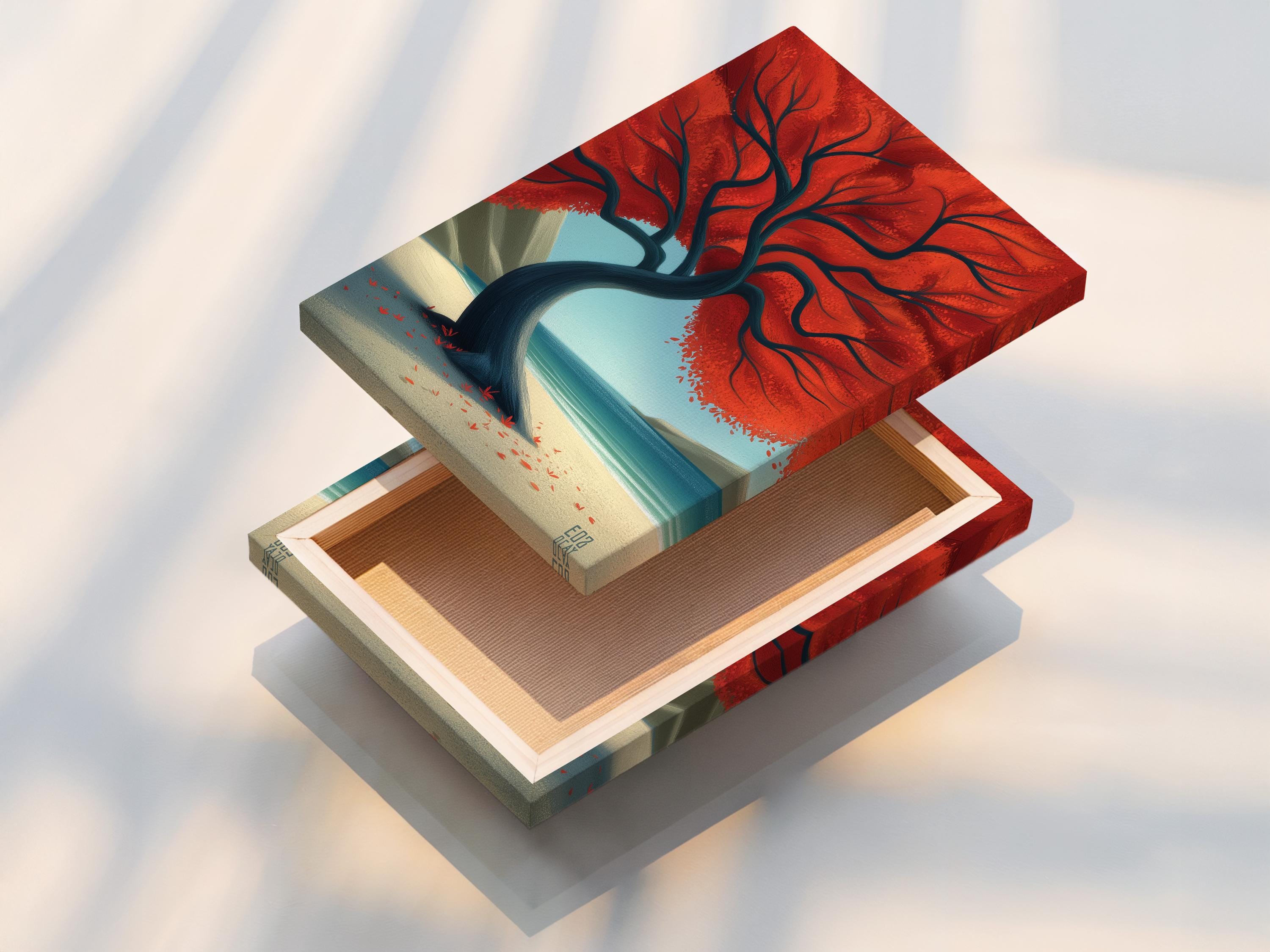 Stylised tree with a red canopy over a sandy beach with a blue ocean detail view