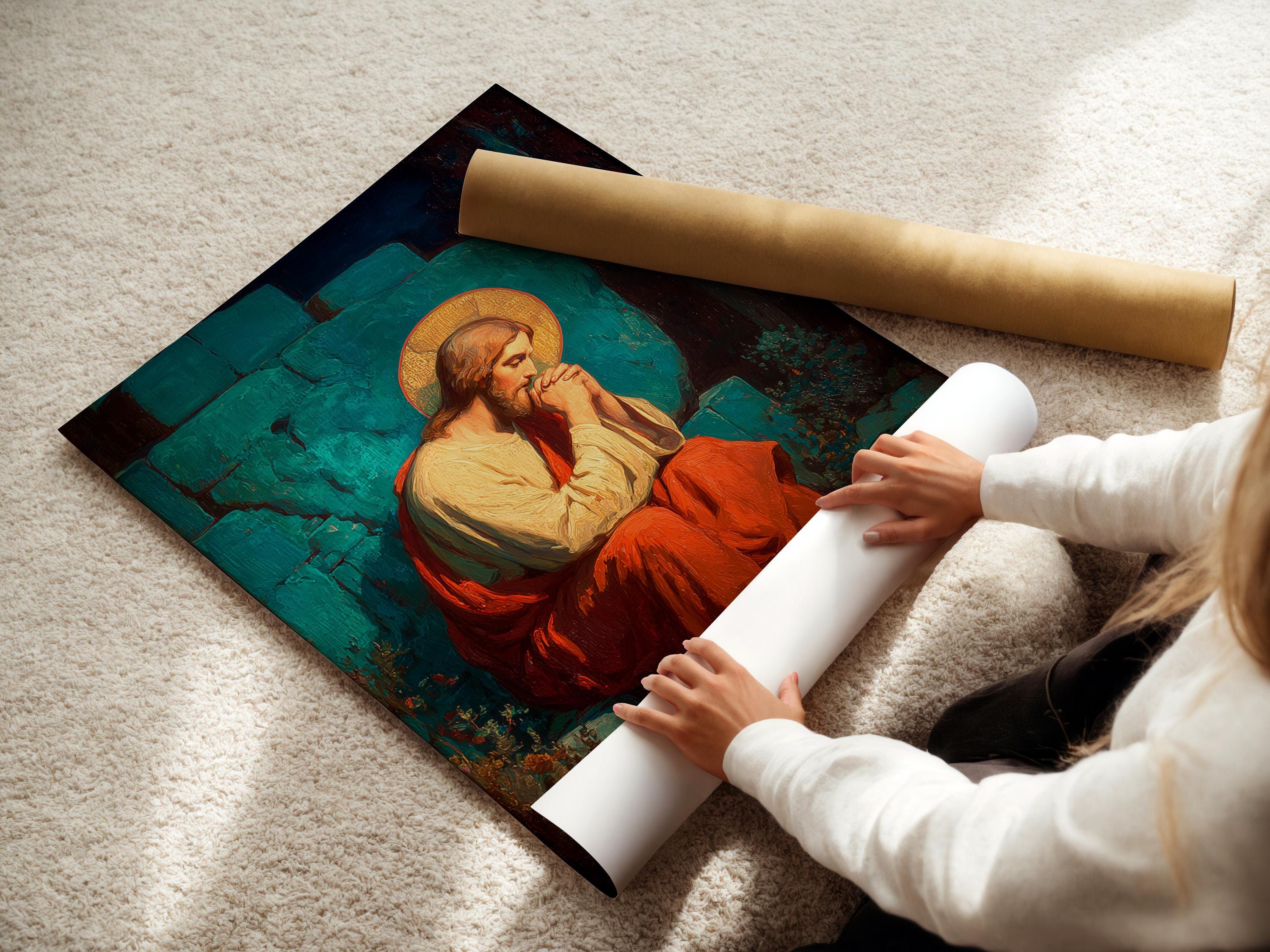 Painterly religious portrait of a kneeling praying figure with a glowing gold halo detail view
