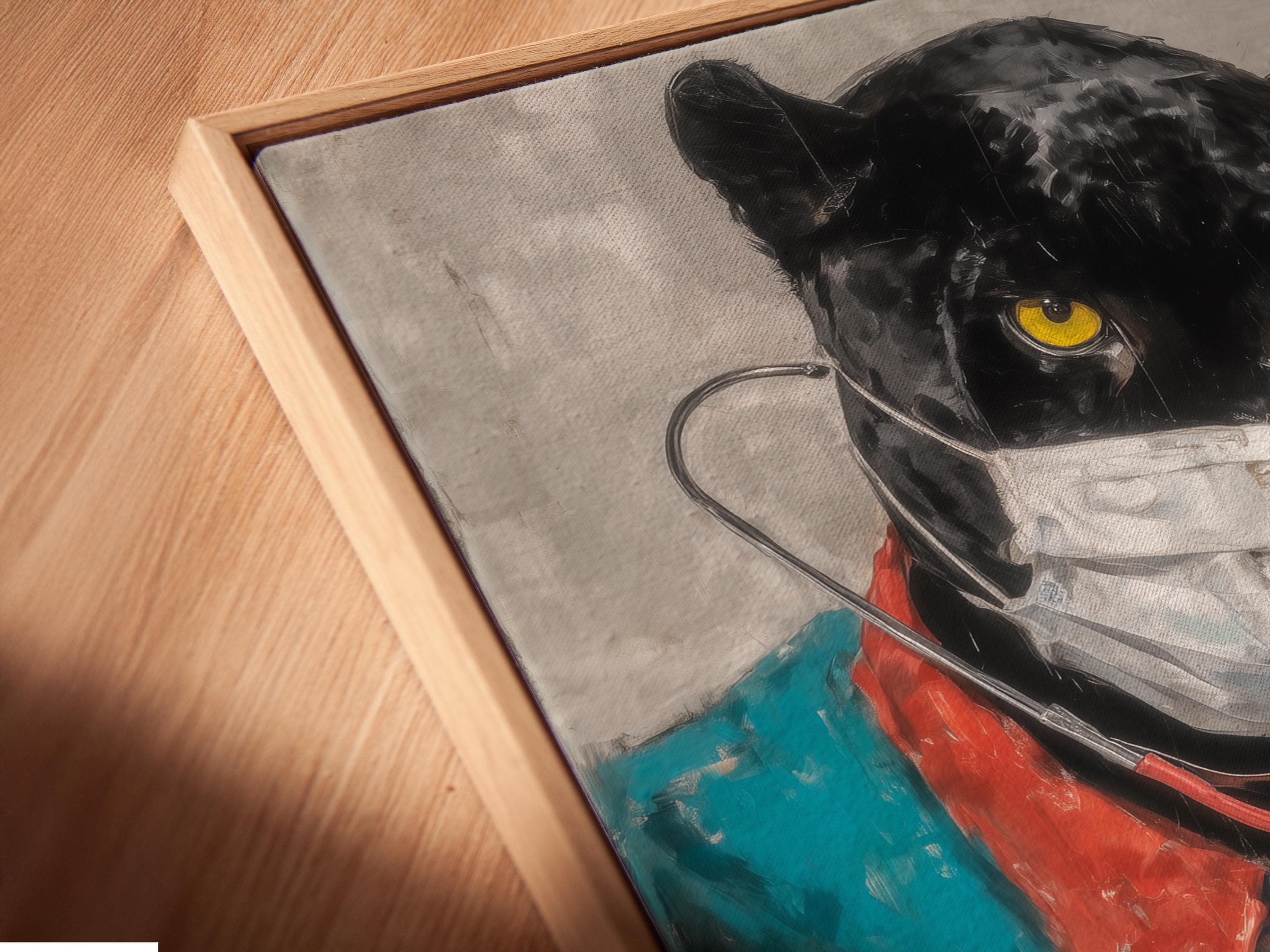 Painterly black cat doctor with a white mask and bright yellow eyes, with a smaller masked kitten beside it detail view
