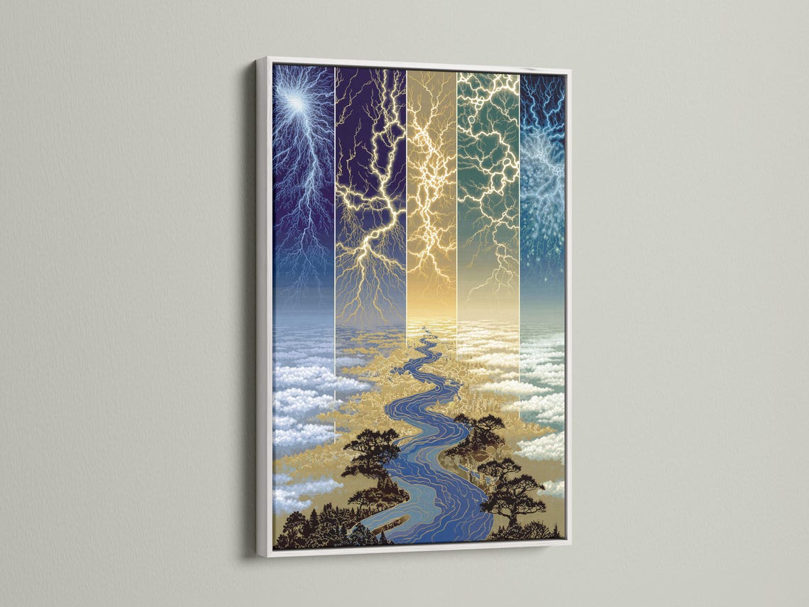 Blue and gold lightning river landscape with branching lightning bolts detail view