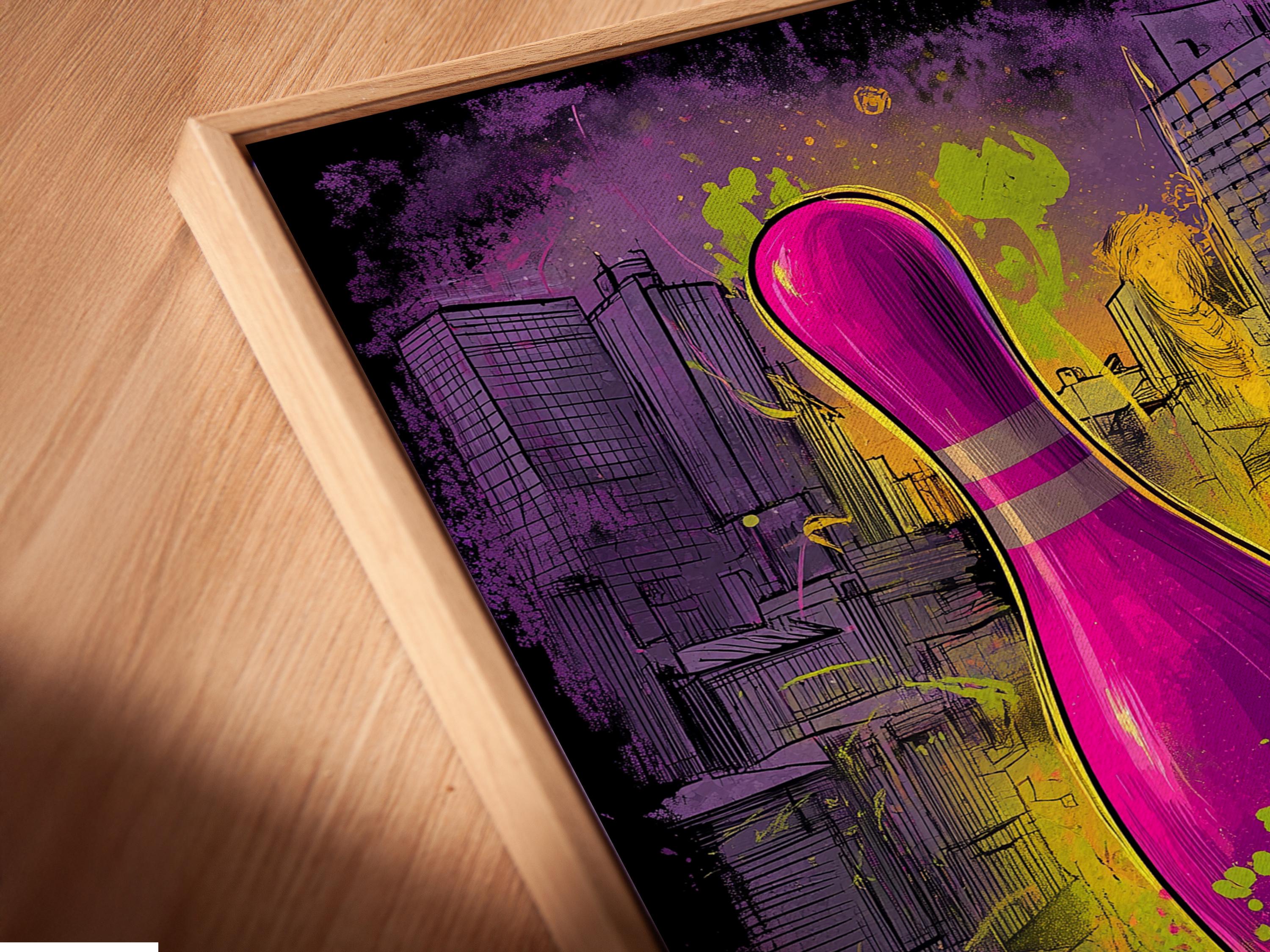 Neon purple bowling pins and ball with lime-green graffiti splashes over a city skyline detail view
