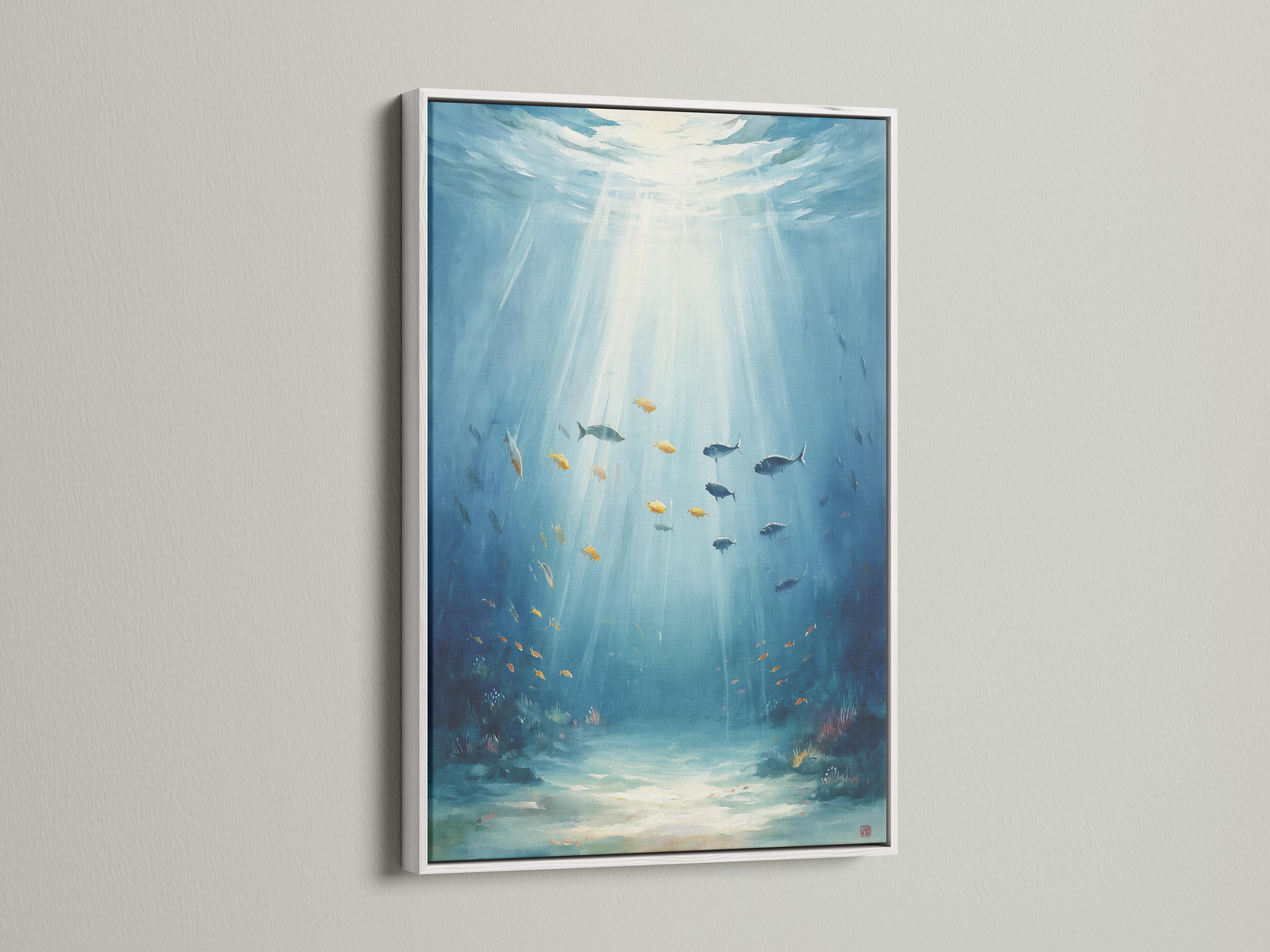 Bathroom wall mockup showing framed underwater fish artwork in aqua and blue