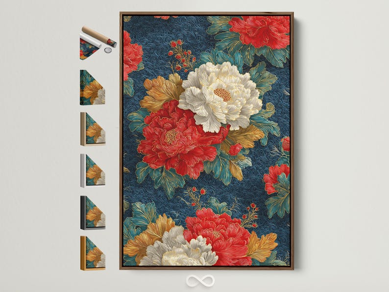 Peony floral illustration with red, cream and gold blooms on a navy swirl patterned background