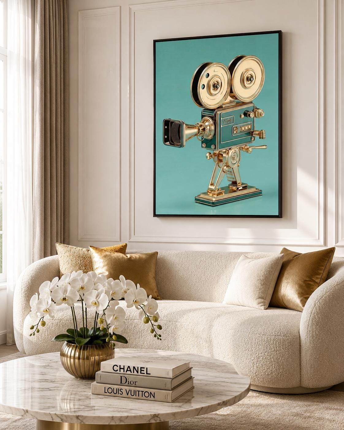 Woman standing beside a framed vintage film camera illustration on a teal background
