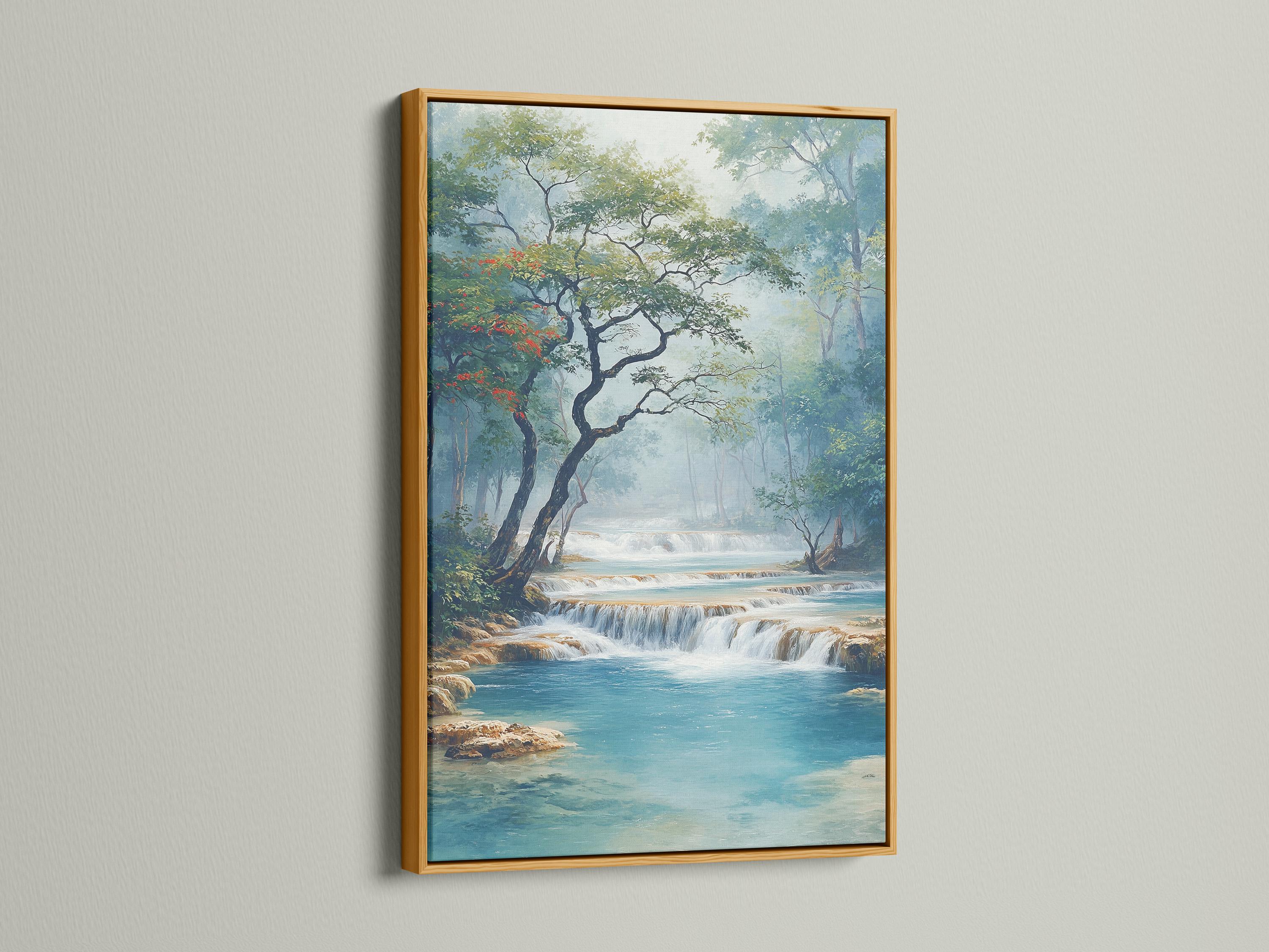 Painterly teal waterfall landscape framed by green trees and red blossoms detail view
