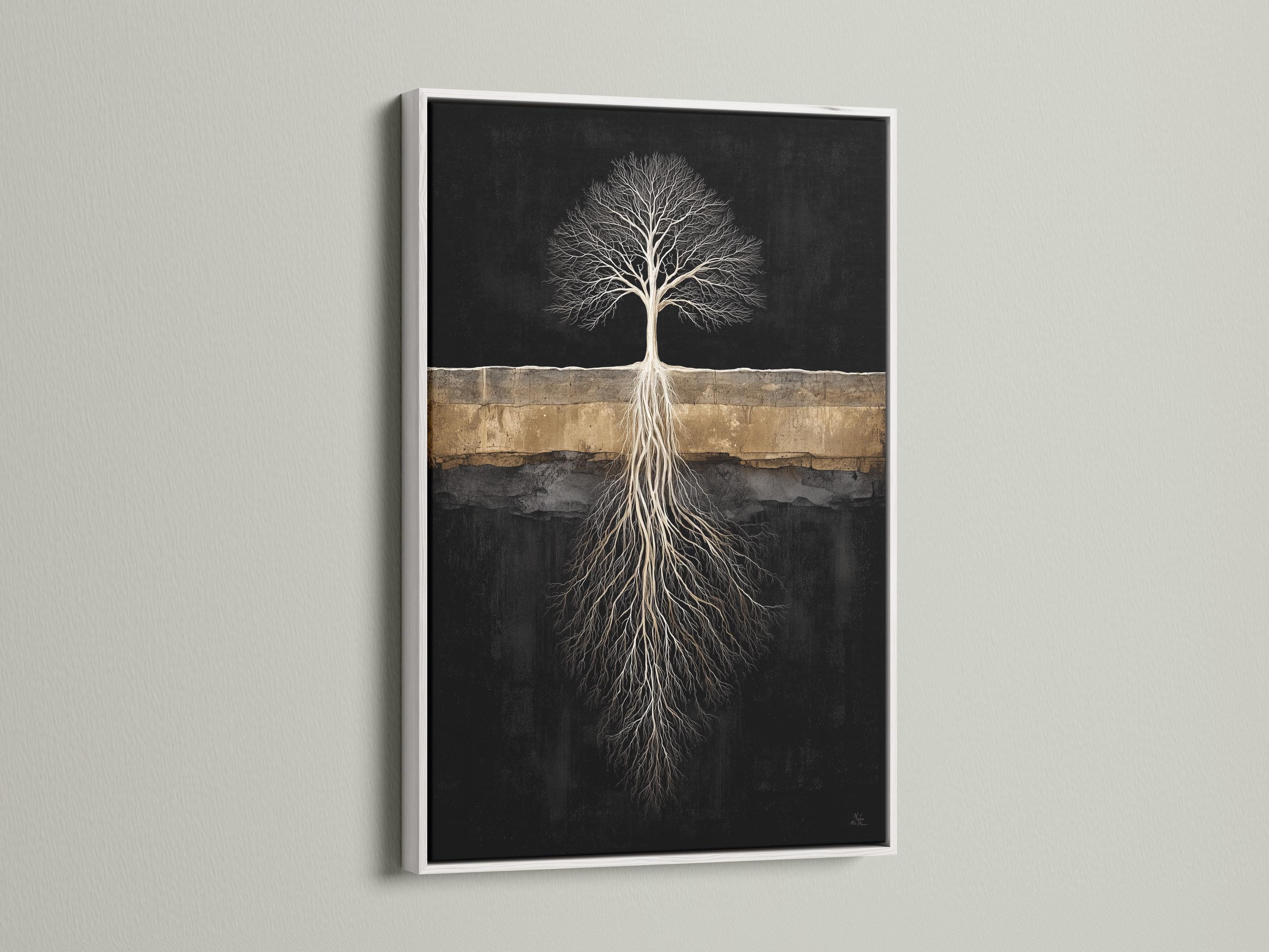 Room mockup with a person reading and a dark tree roots artwork above a bed