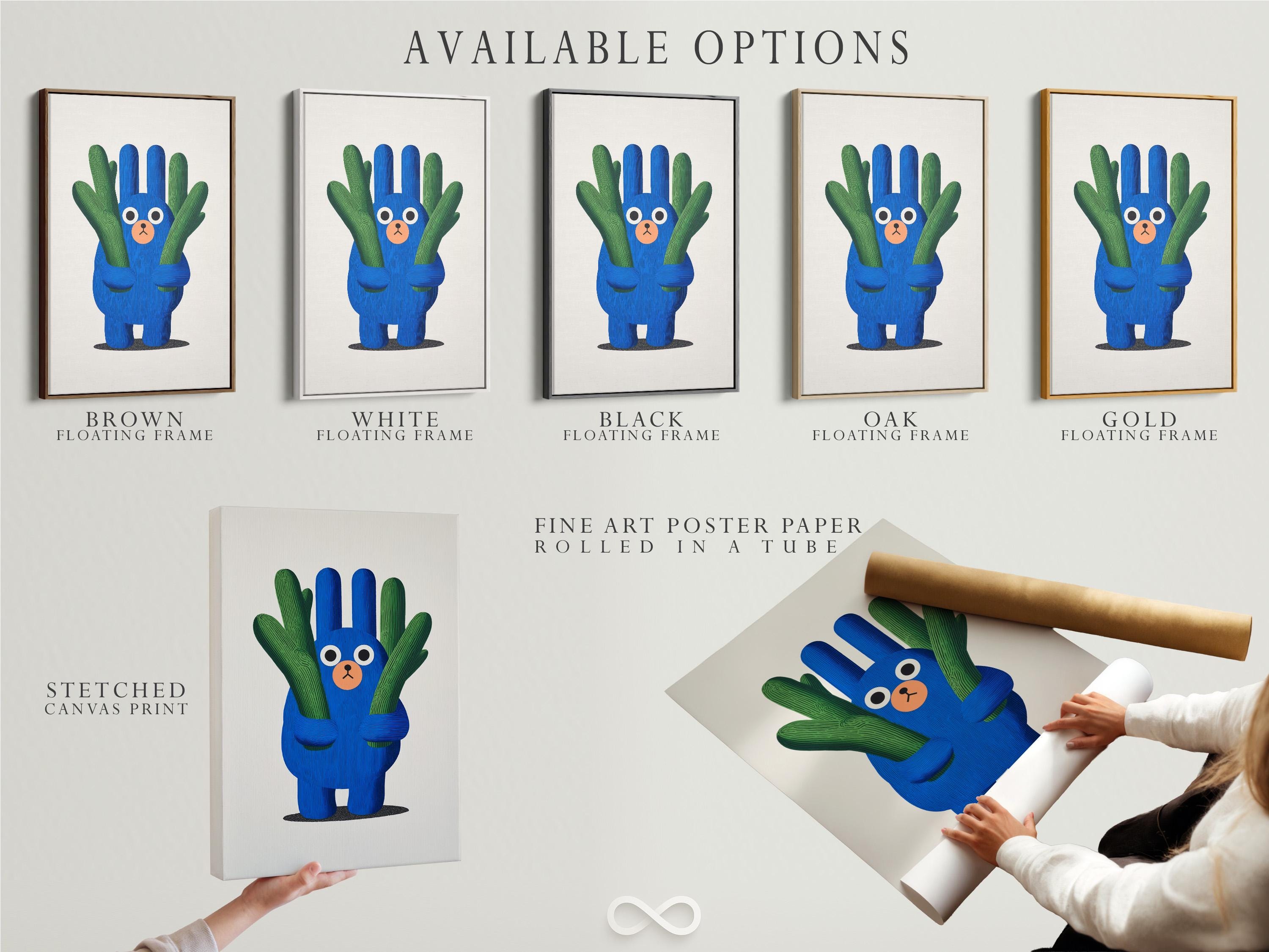 Blue cartoon bear holding green cactus arms on an off-white background detail view