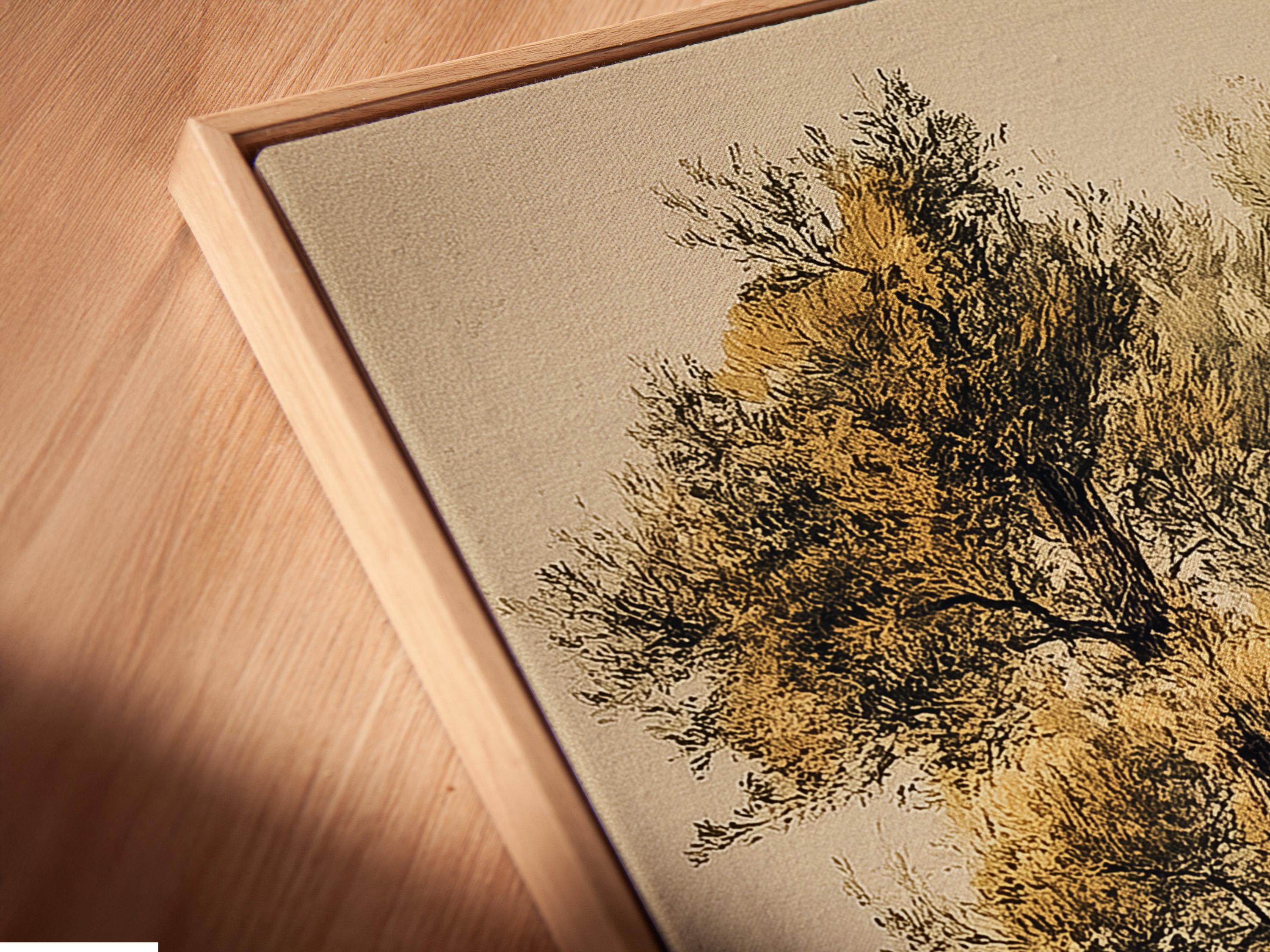 Vintage botanical tree illustration with a dark trunk, golden foliage and soft reflections detail view