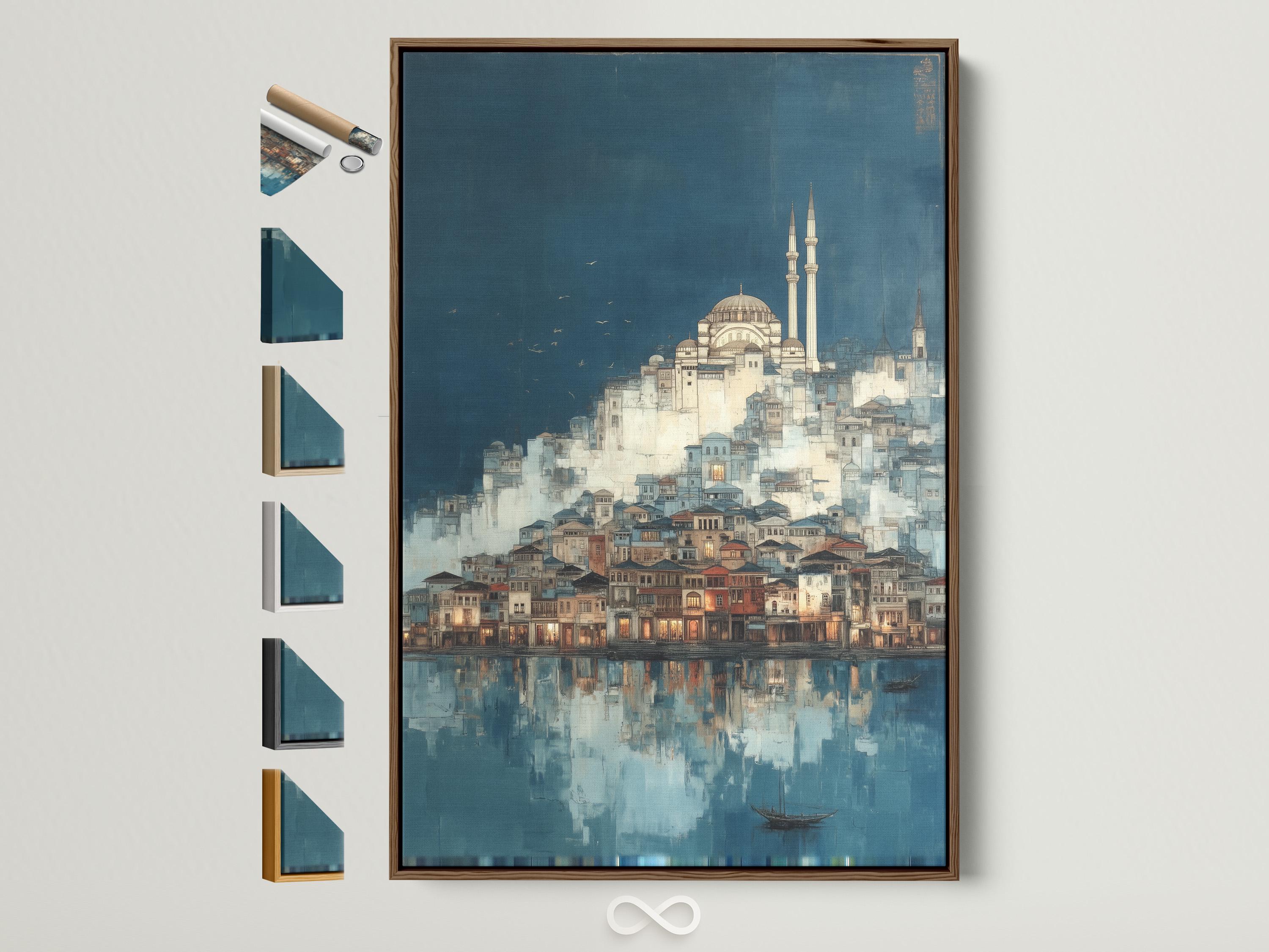 Room mockup with a framed blue cityscape mosque artwork on a wall