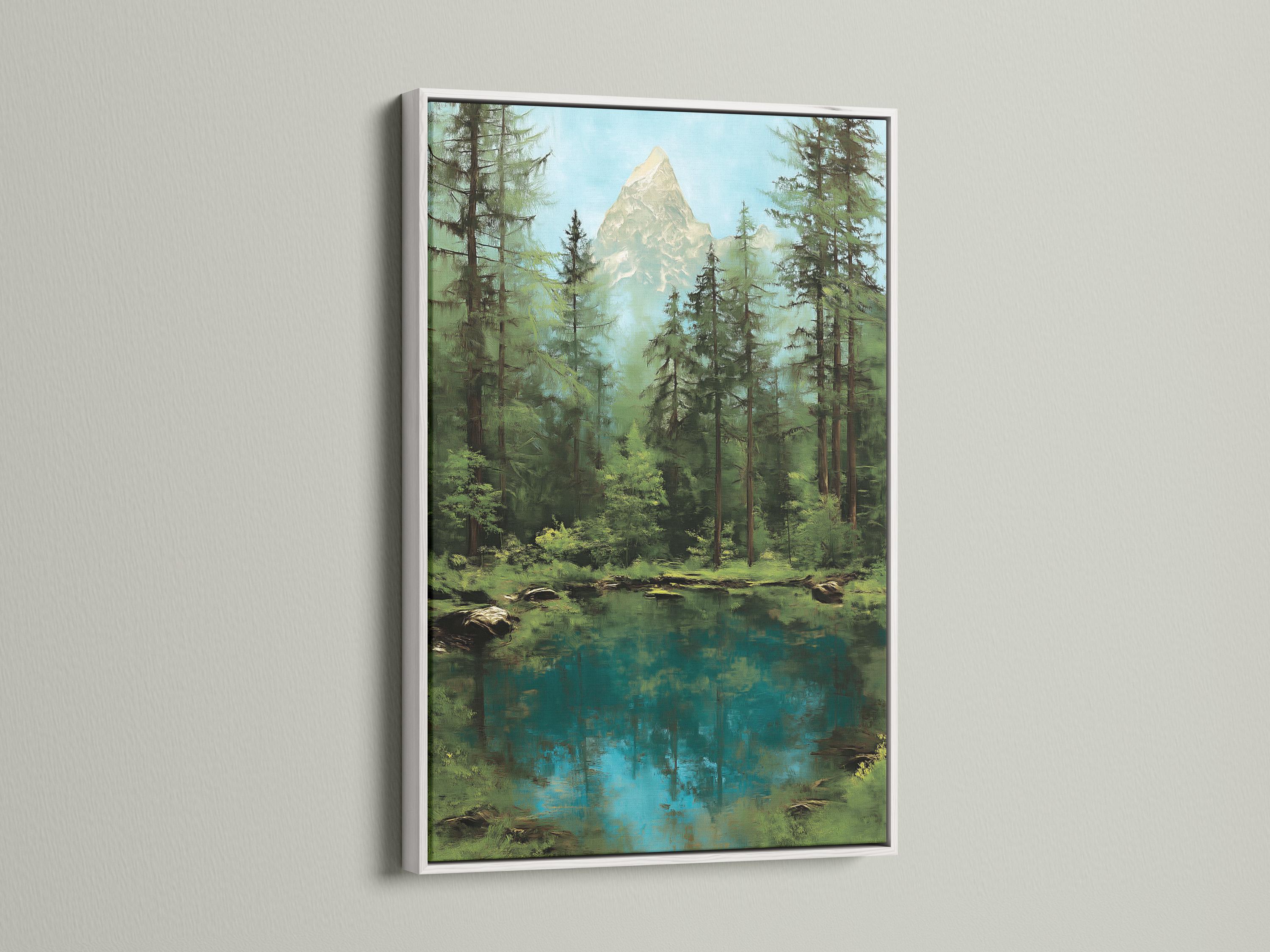 Forest mountain lake artwork shown in a room mockup with framed image