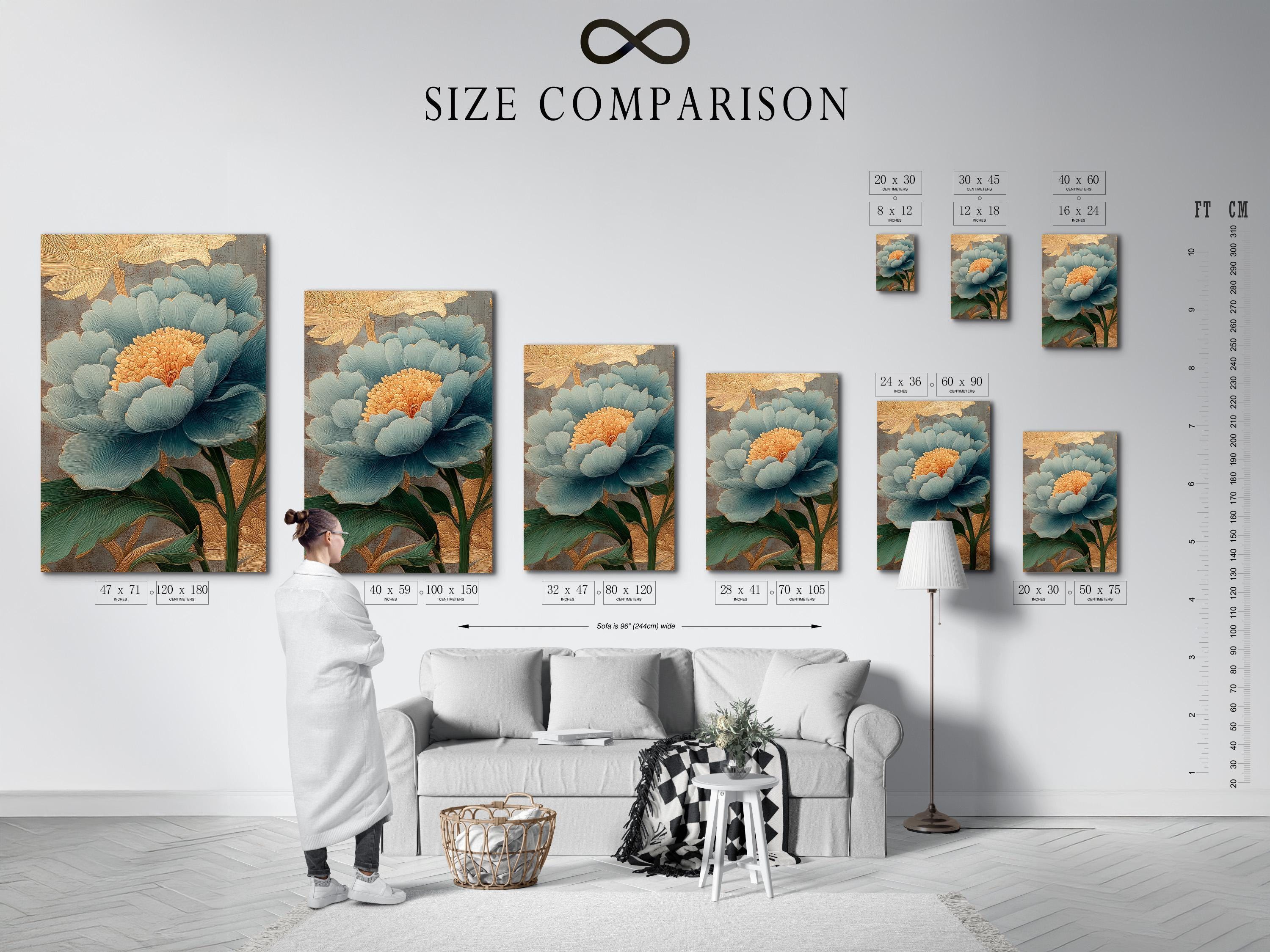 Teal peony with gold accents and green leaves on a textured grey background detail view
