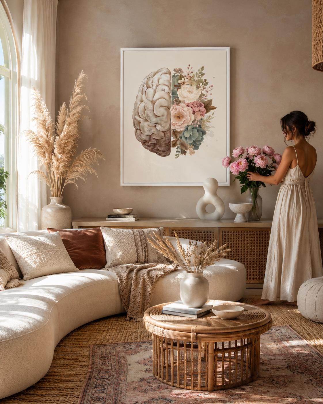 Person reading beside a framed split brain and floral artwork on a floor in a softly lit room