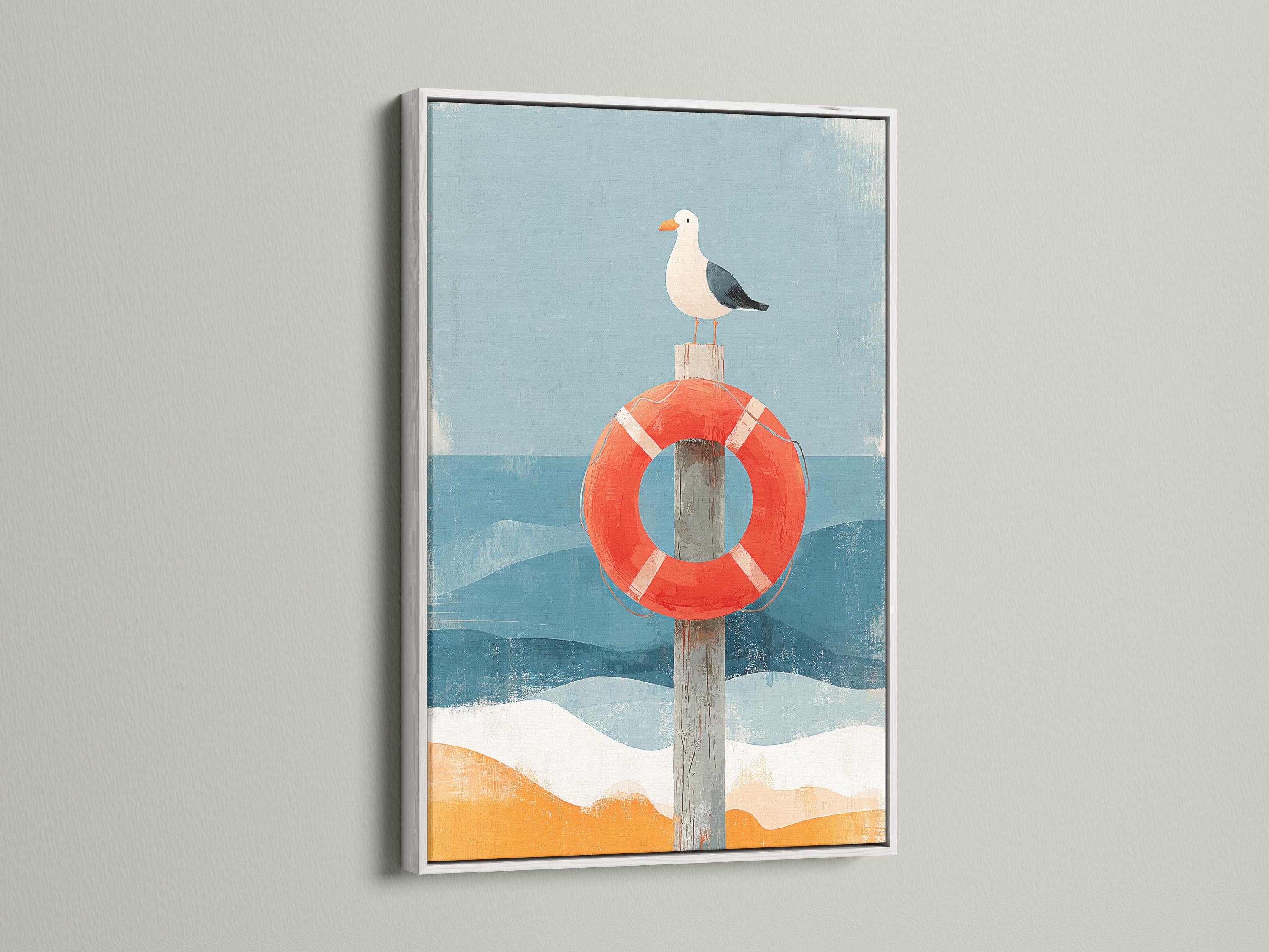 Room mockup featuring framed seagull and lifebuoy artwork with blue waves and sand tones