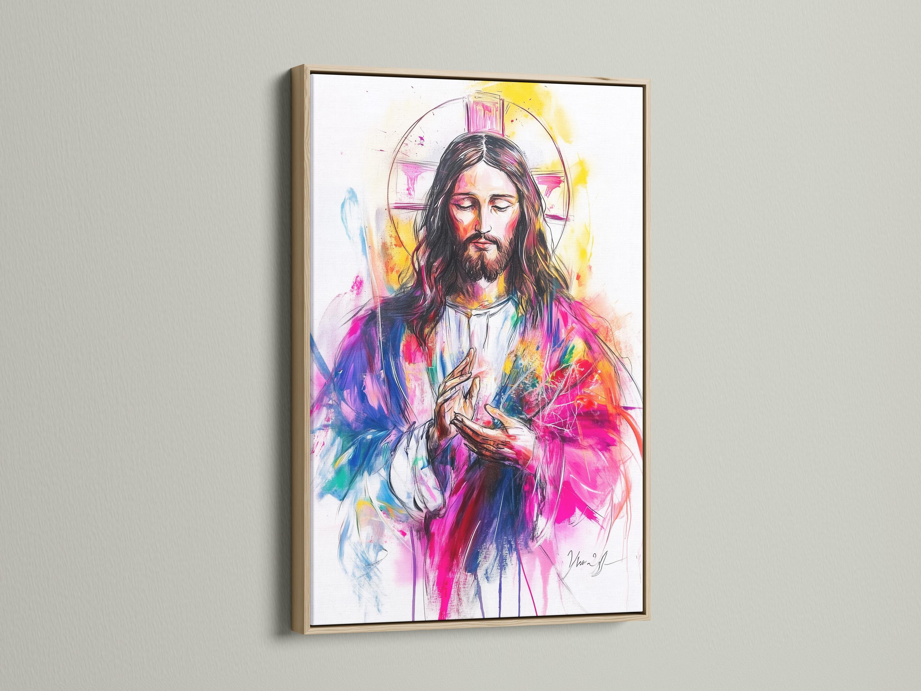 Religious portrait artwork of Jesus with halo displayed above a wooden table in a hallway