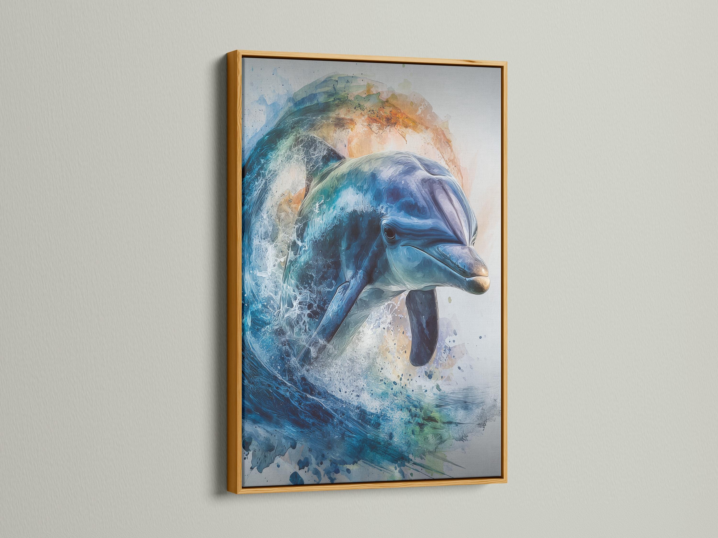Mockup of blue dolphin ocean artwork shown in a framed layout