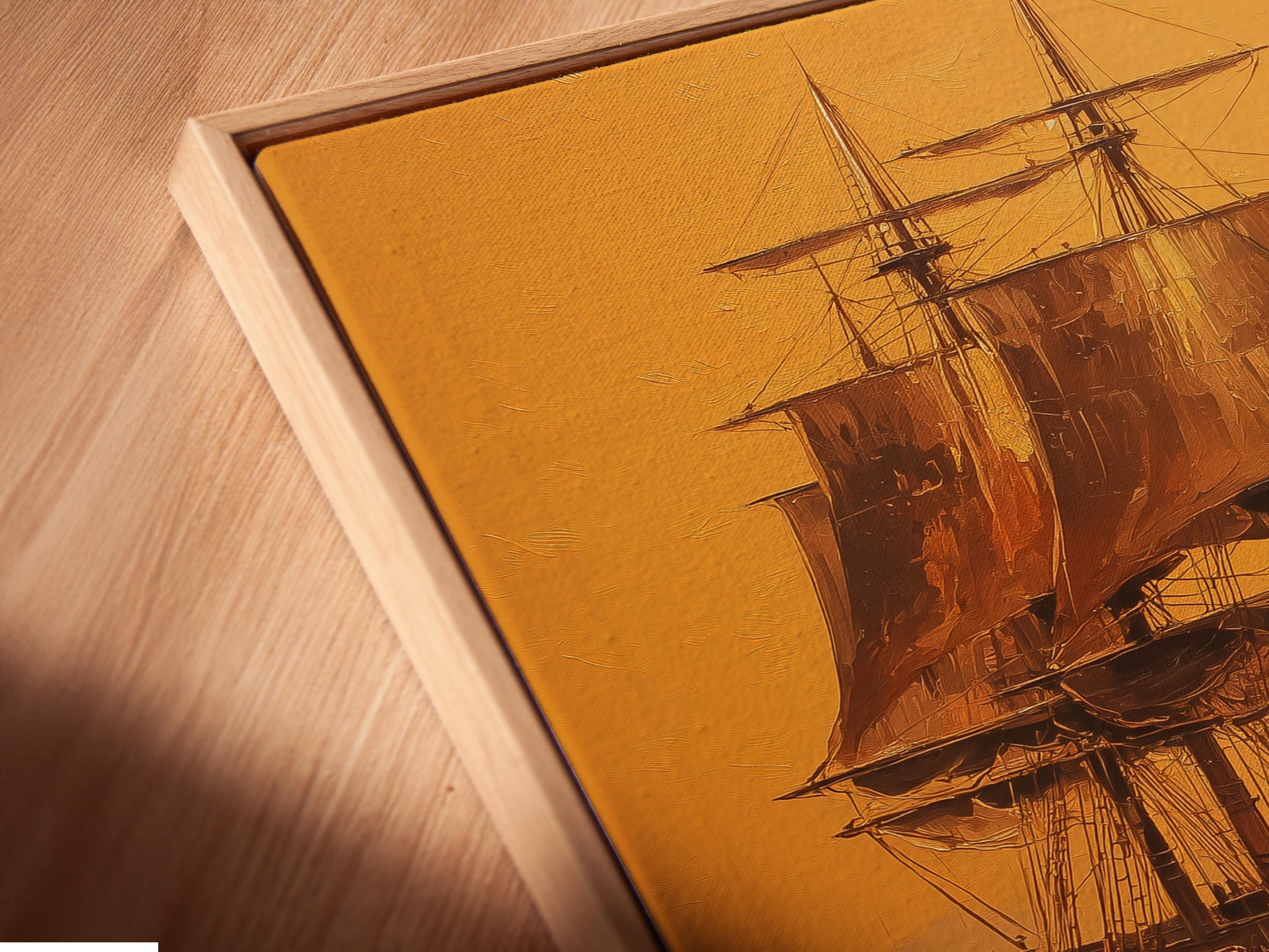 Sailing ship at sea in warm gold and brown tones with a bright pale disc and water reflections detail view