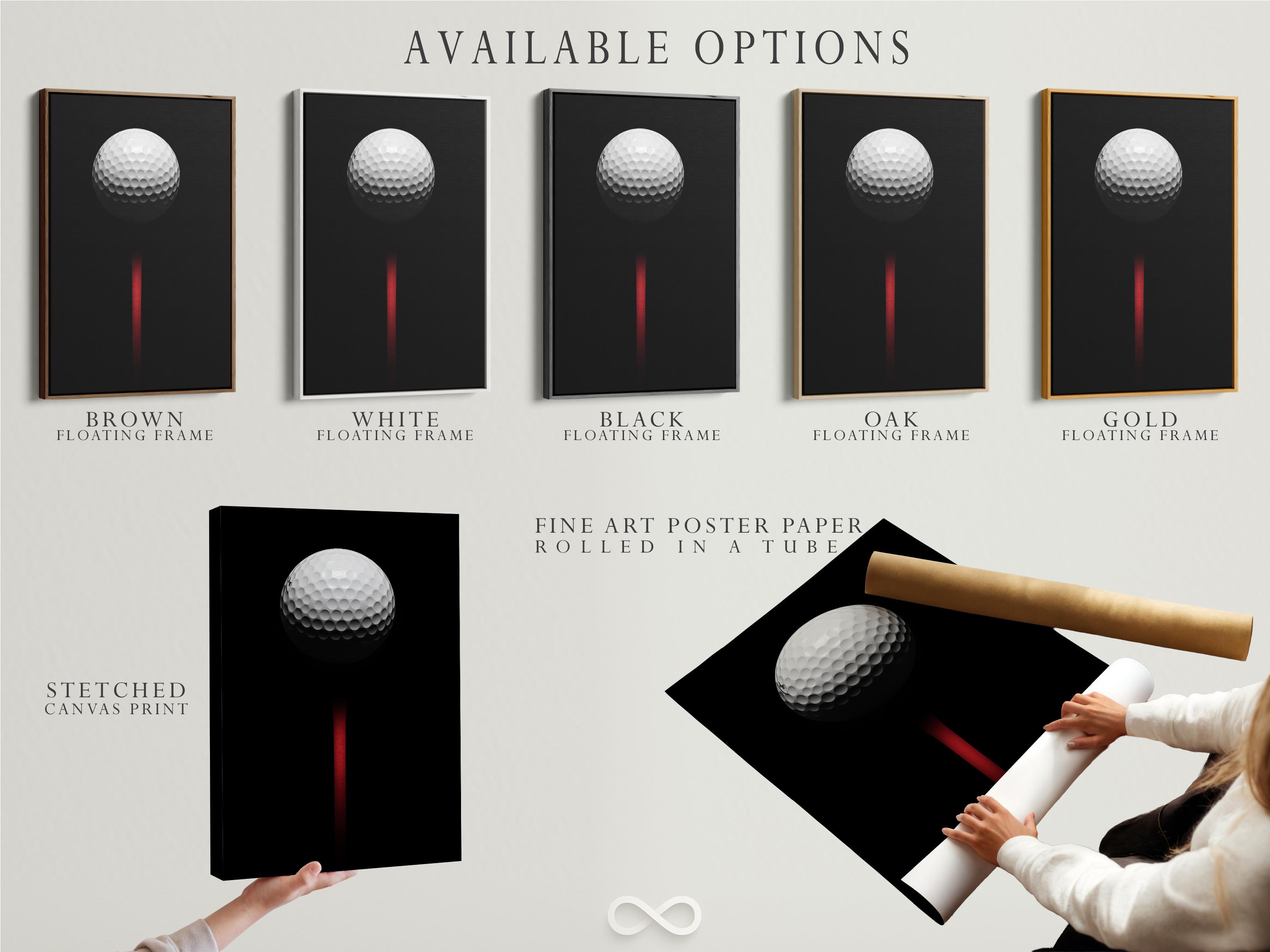 Minimalist golf ball design on a black background with a vivid red vertical accent detail view