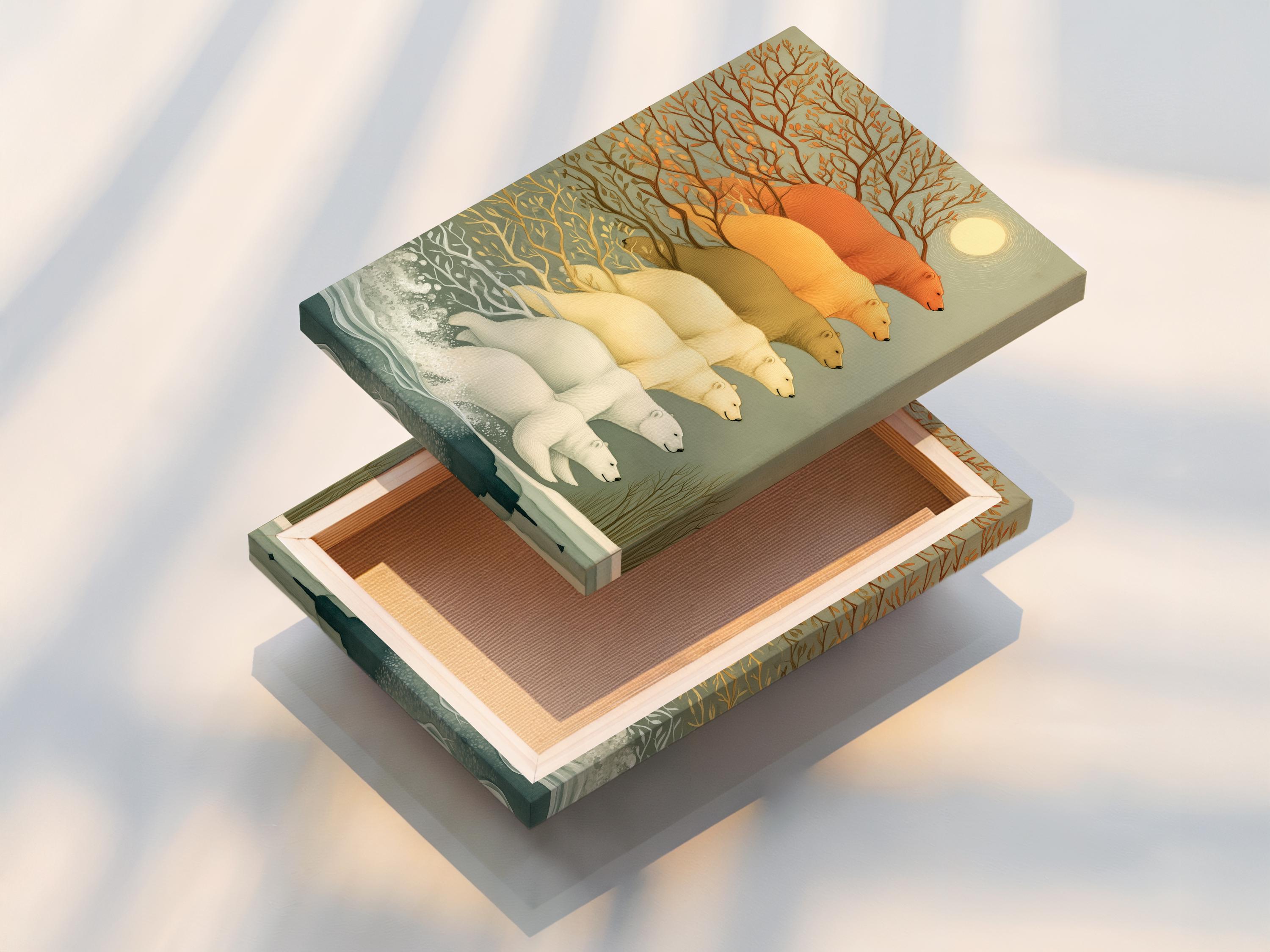 Polar bear family walking through a snowy scene with orange tree foliage and a glowing moon detail view