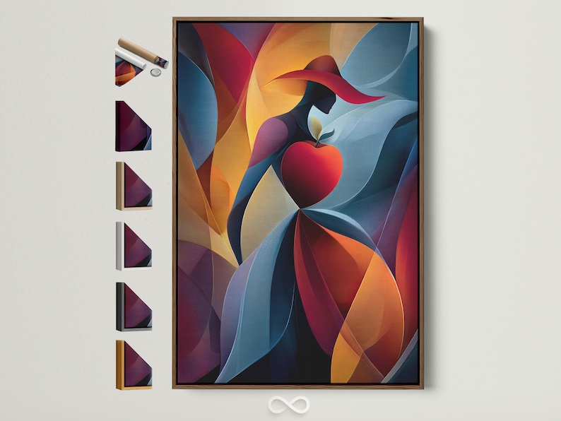 Abstract woman silhouette with a red heart, ribbon-like curves, and blue, red, gold colours